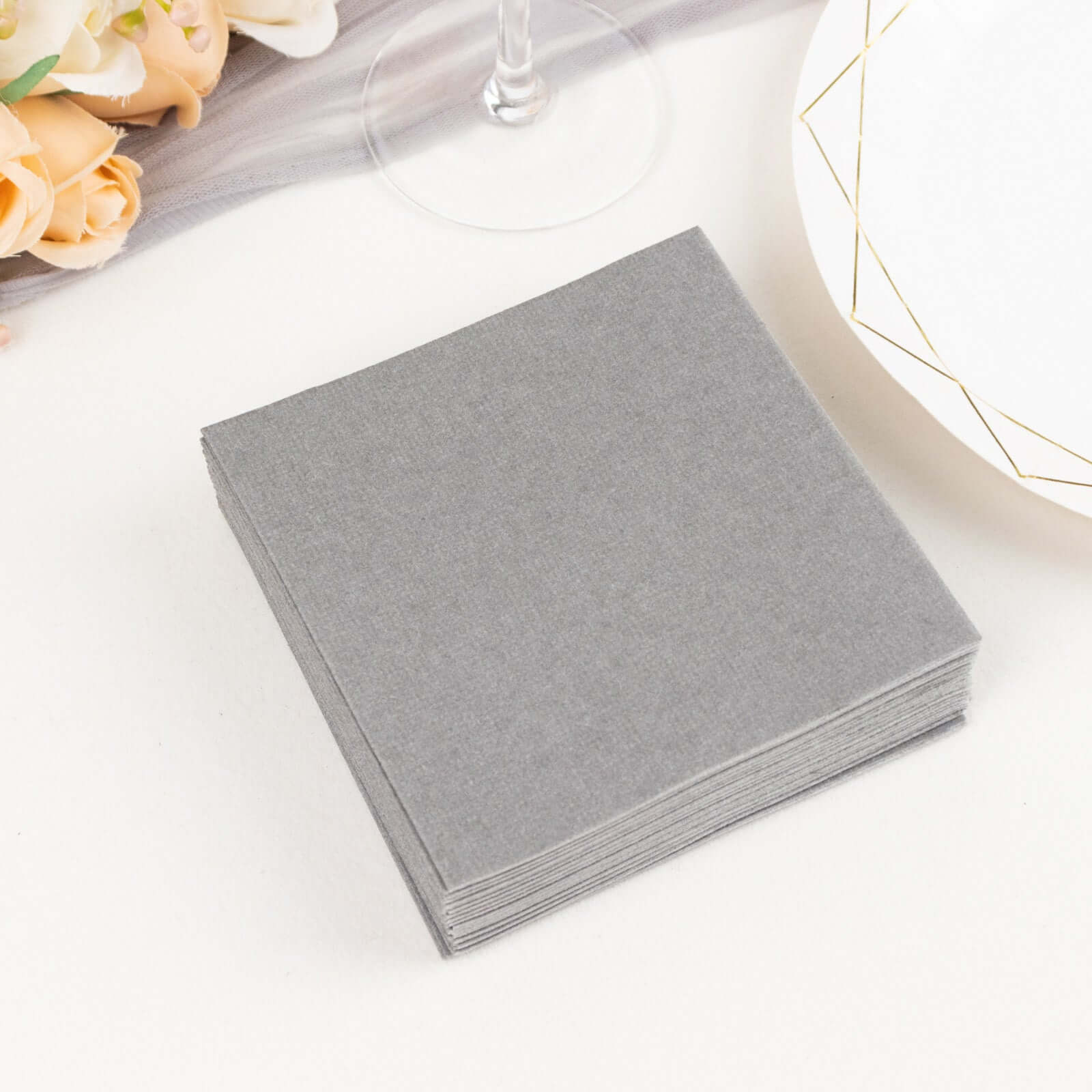 20-Pack Paper Linen-Like Cocktail Napkins Silver - Disposable 5x5 Airlaid Soft Napkins