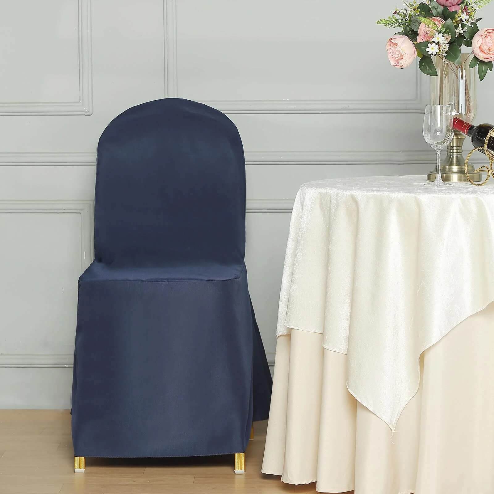 10 Pack Polyester Chair Cover for Banquet Chairs Navy Blue - Stain-Resistant Reusable Slip-On Slipcover