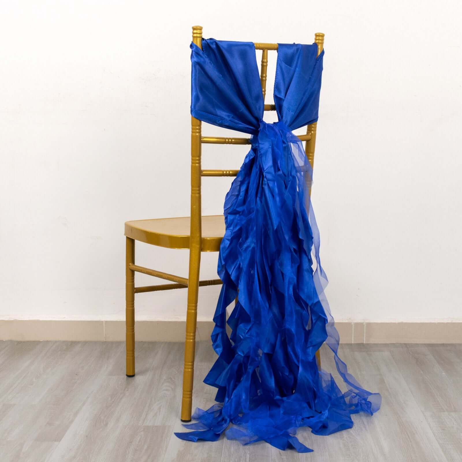 5 Pack Chiffon Satin Chair Sashes Royal Blue - Easy to Install Ruffled Curly Willow