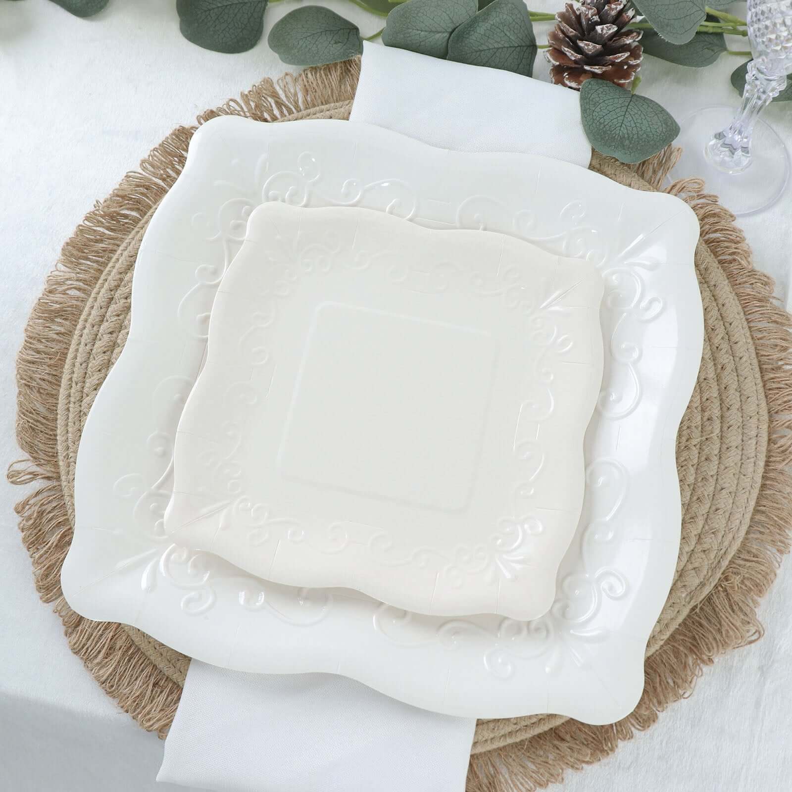 25-Pack Paper 11 Square Dinner Plates in White with Vintage Pottery Embossed Design - Shiny Disposable Serving Plates