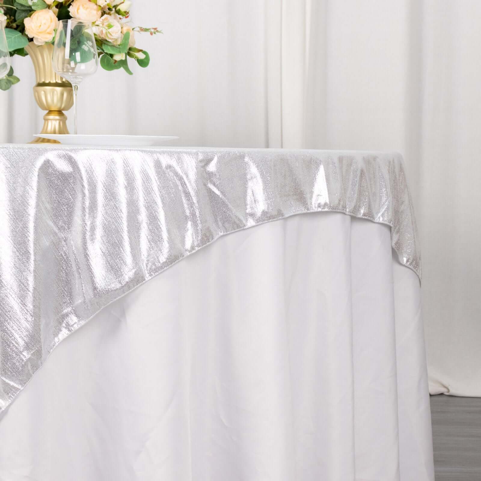 Polyester 72x72 Table Overlay Square Tablecloth Silver - Sequin Dots Wrinkle-Free Table Cover