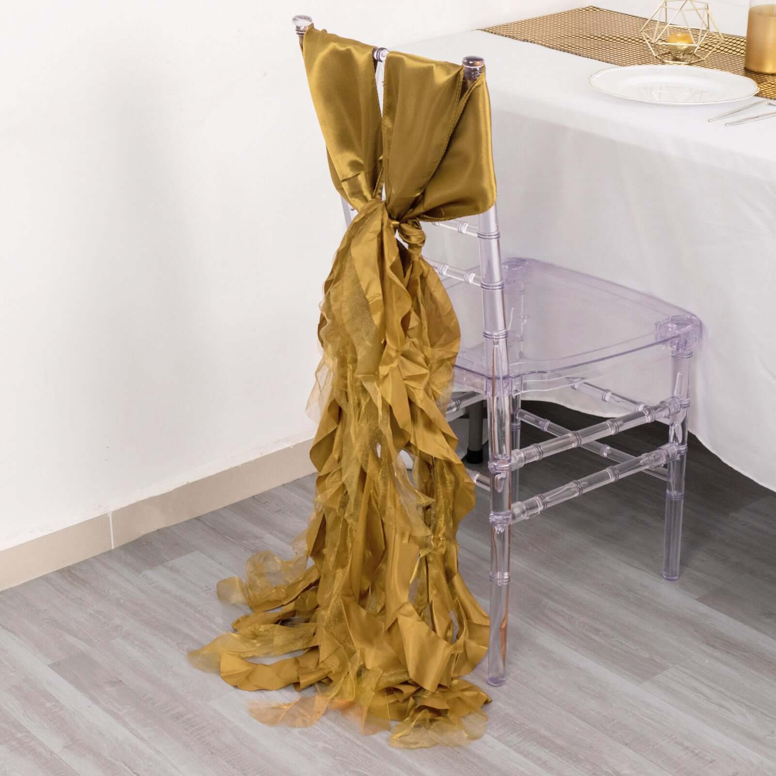 5 Pack Chiffon Satin Chair Sashes Gold - Easy to Install Lustrous Ruffled Curly Willow Wedding Chair Decorations