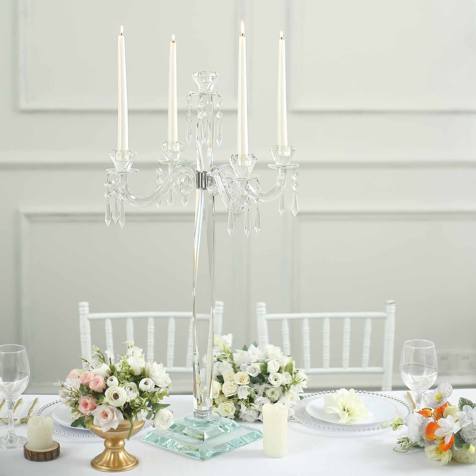 4 Arm Crystal Glass Taper Candle Holder Candelabra, Decorative Table Centerpiece With Chandelier Chains 36