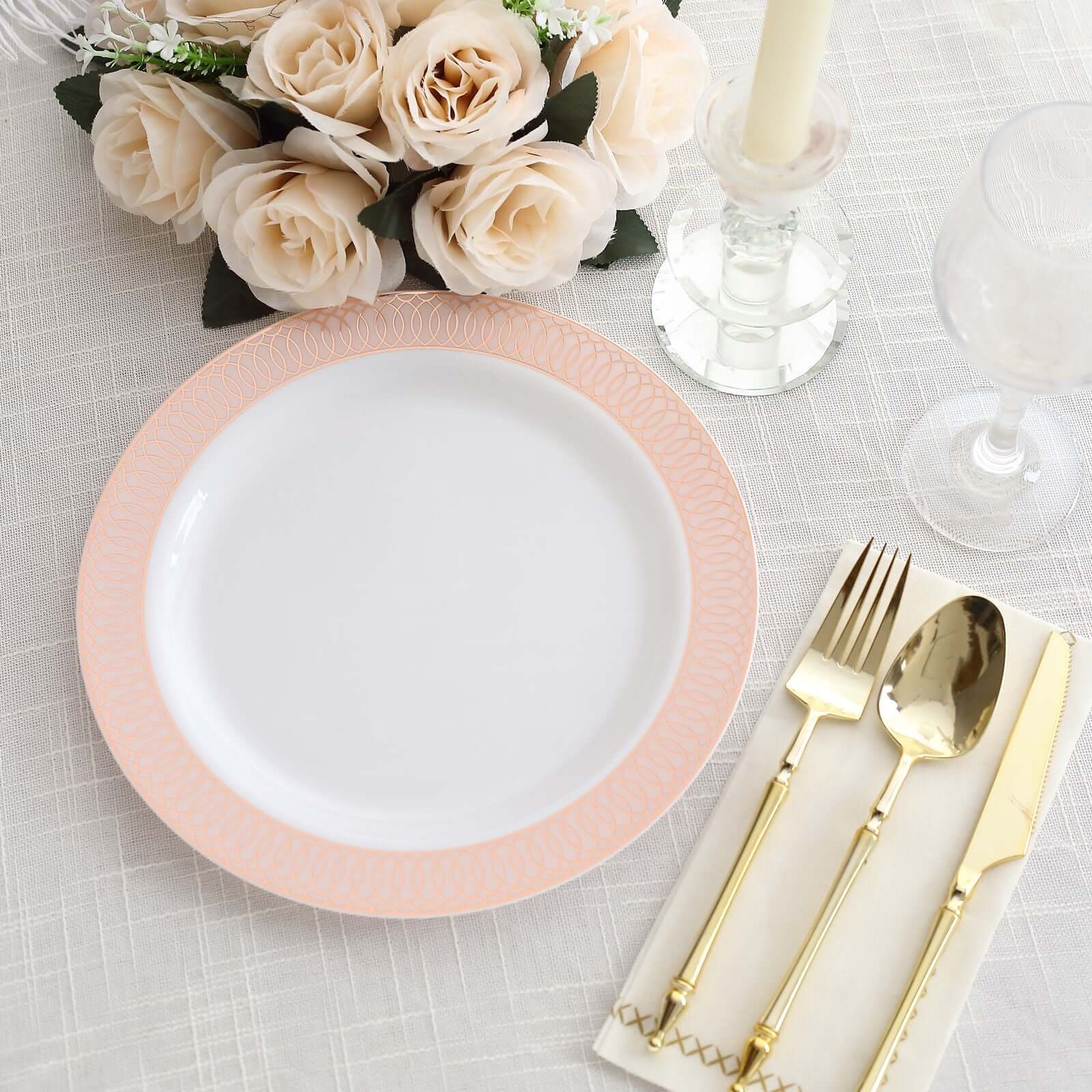 10-Pack Plastic Round Dinner Plates 10 White with Blush Rose Gold Spiral Rim - Chic Disposable Party Plates