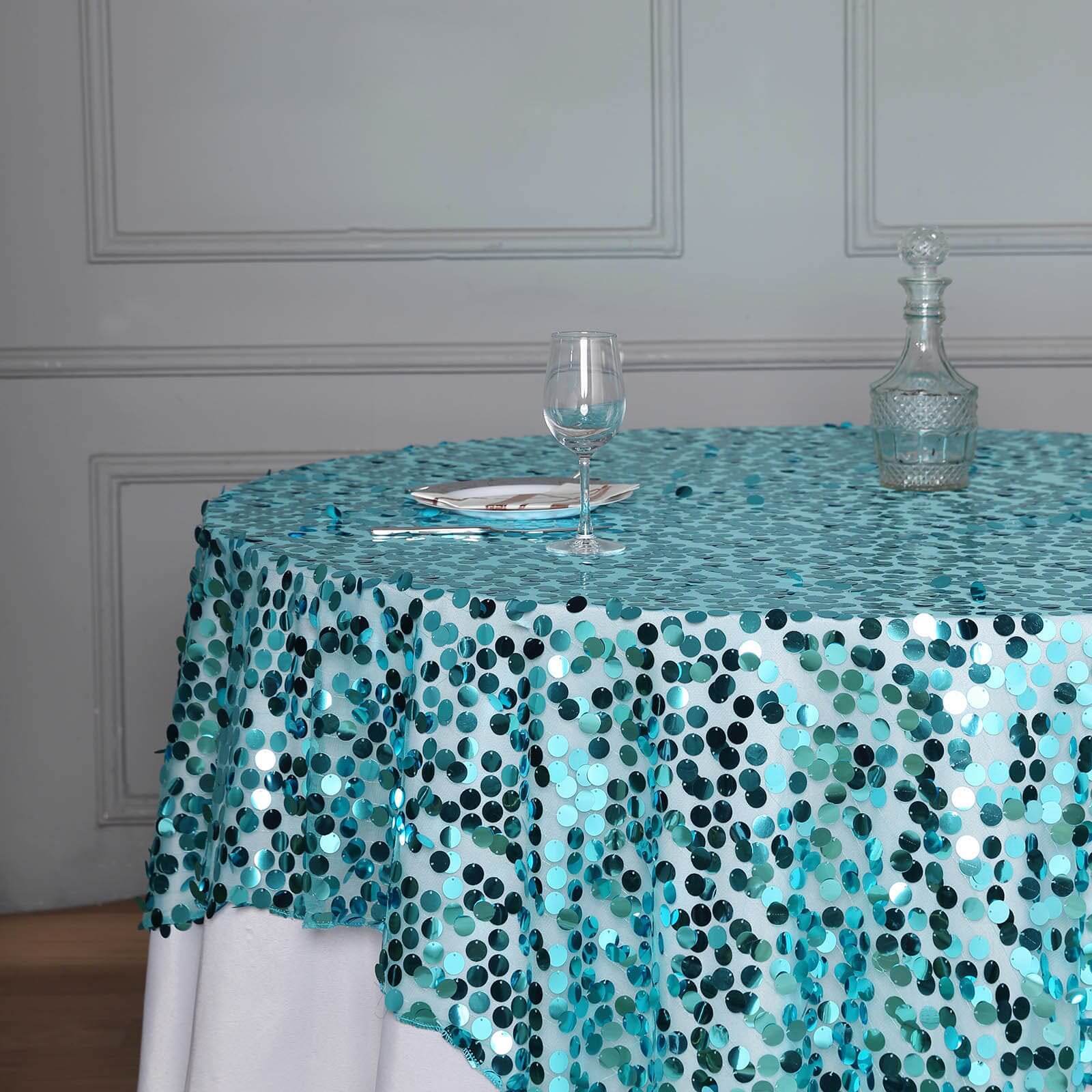 Sequin 72x72 Table Overlay Square Tablecloth Turquoise - Big Payette Table Cover