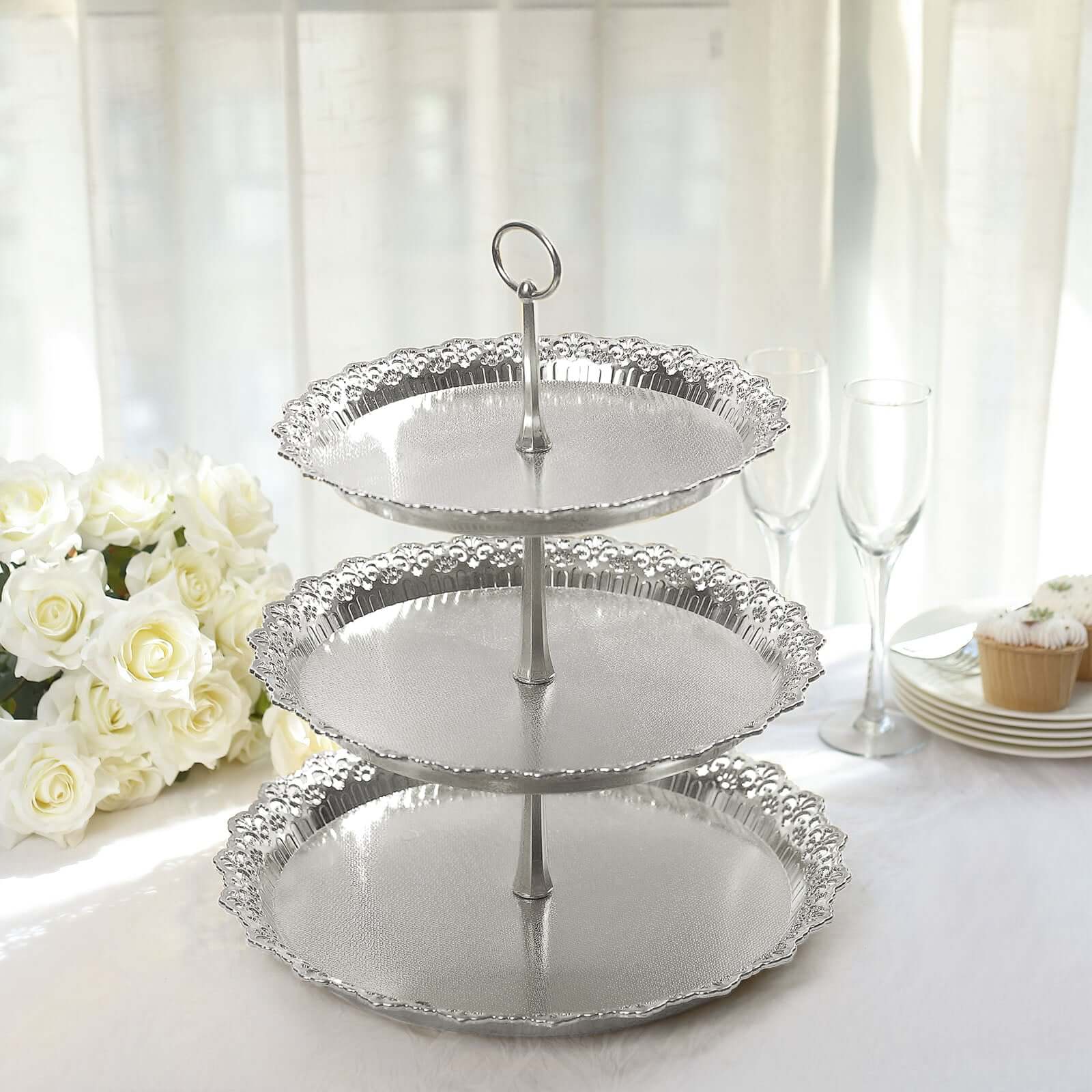 3-Tier Plastic Round Cupcake Stand 15 Metallic Silver with Lace Scalloped Edges - Multifunctional Space Saving Dessert Display Tower Pastry Serving Tray for Classy Events