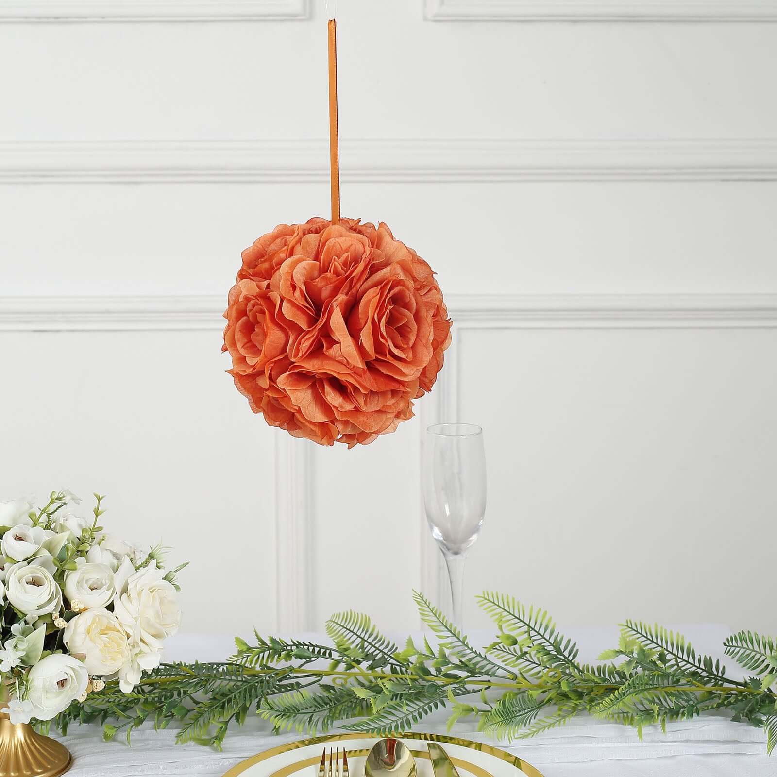 2 Pack 7 Terracotta (Rust) Artificial Silk Rose Kissing Ball, Faux Flower Ball