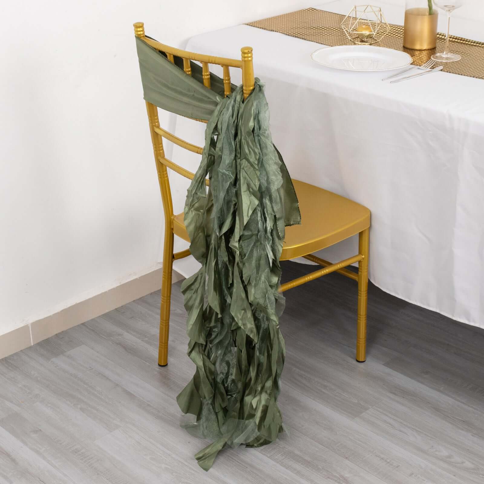 5 Pack Chiffon Satin Chair Sashes Dusty Sage Green - Easy to Install Ruffled Curly Willow