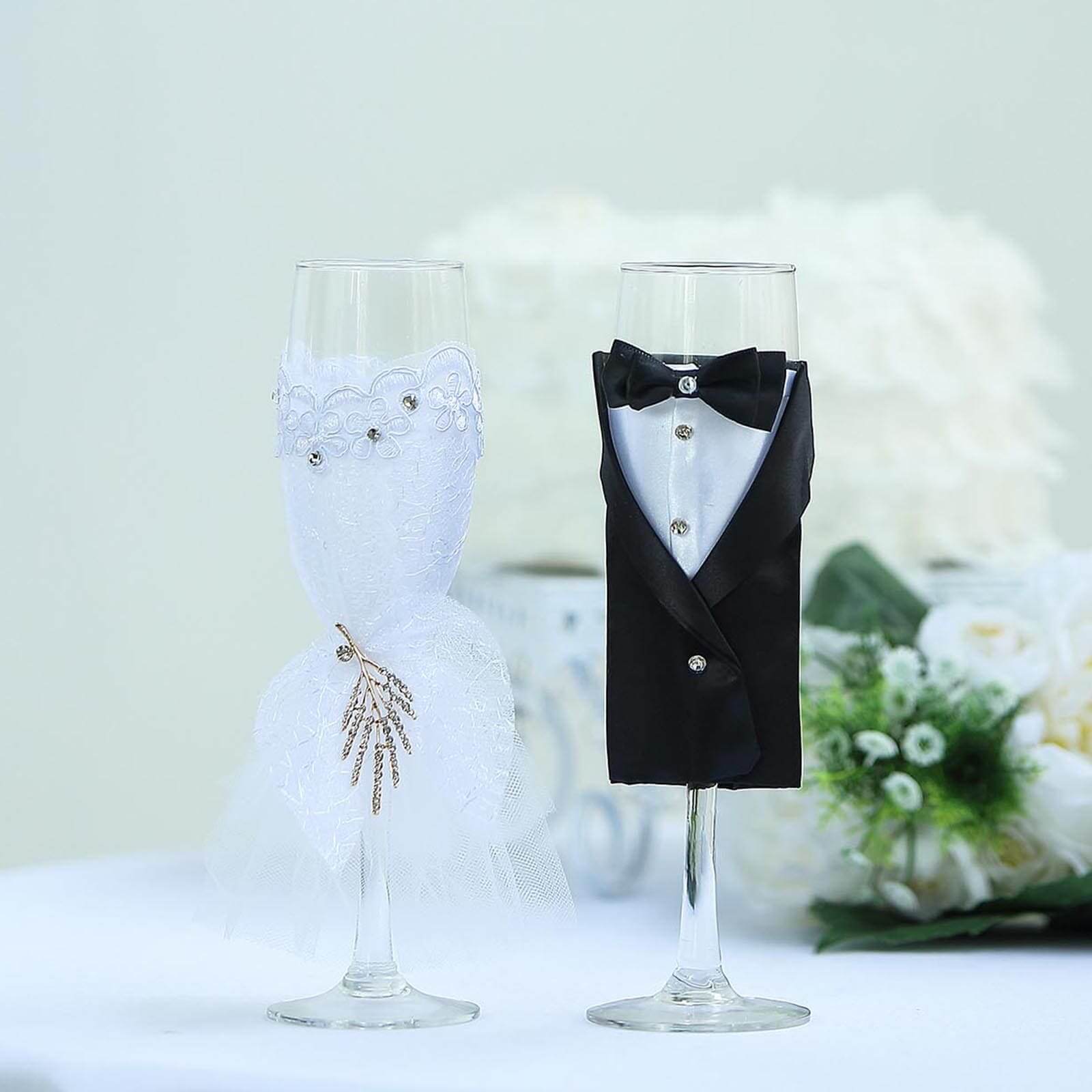 Set of 2 Clear Champagne Flutes with Black Bride and Groom Koozies - Wedding Toast Glasses 9