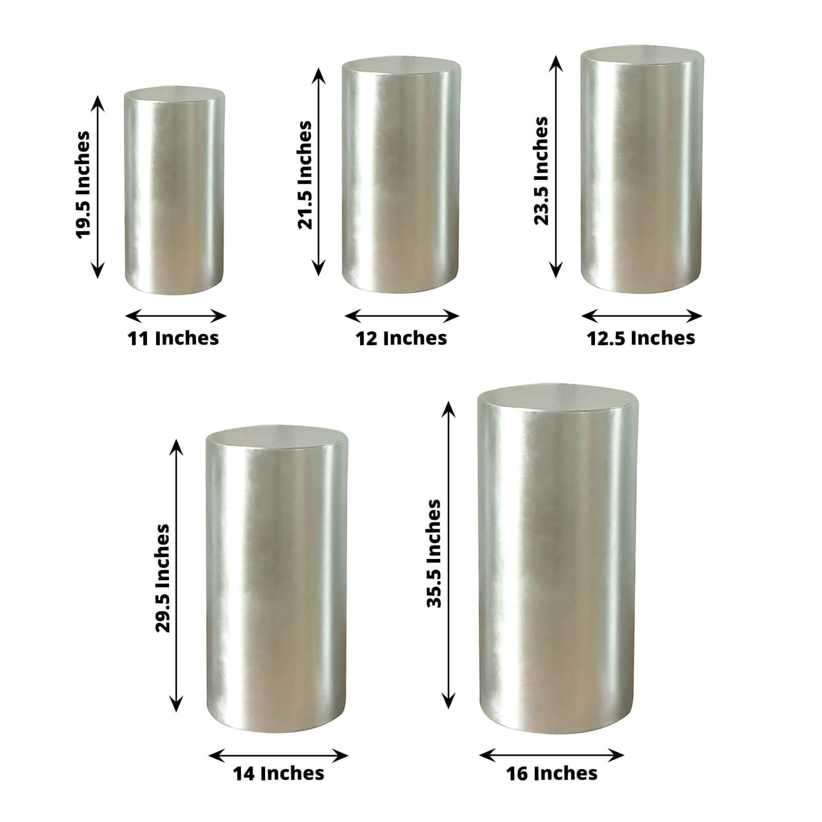 Set of 5 Metallic Silver Spandex Cylinder Pedestal Stand Covers, Shiny Stretchable Pillar Prop Covers - 130 GSM