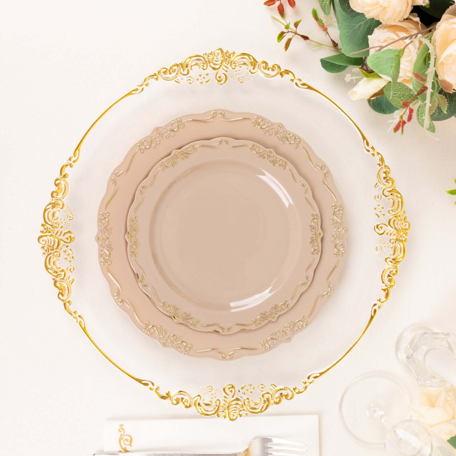 10-Pack Plastic 10 Round Dinner Plates in Taupe with Gold Vintage Embossed Rim - Sturdy Disposable Scalloped Edge Party Plates