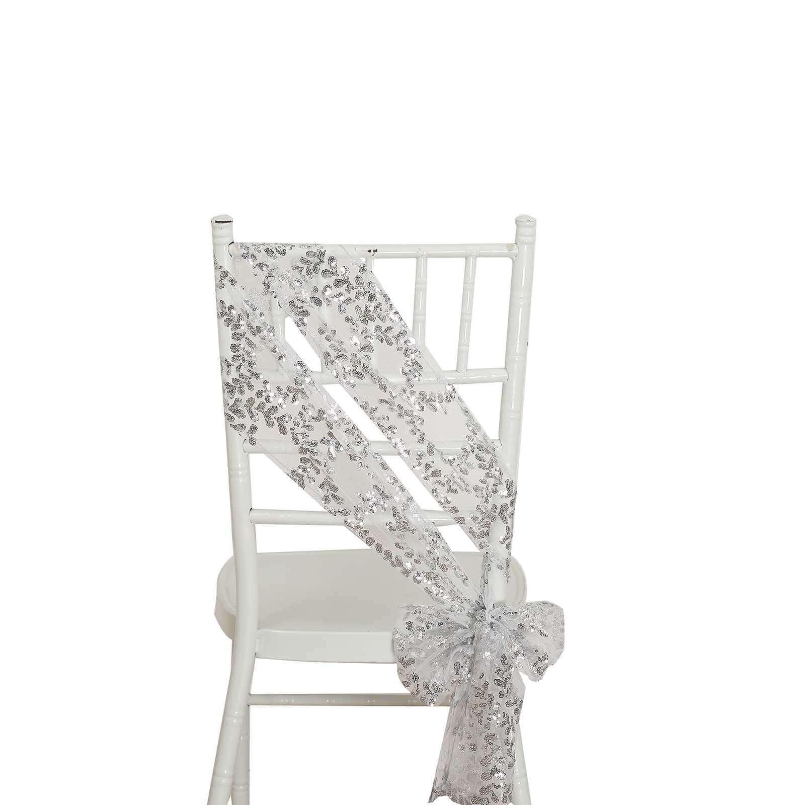 5 Pack Tulle Chair Sashes with Leaf Vine Embroidered Sequins Silver 6x88