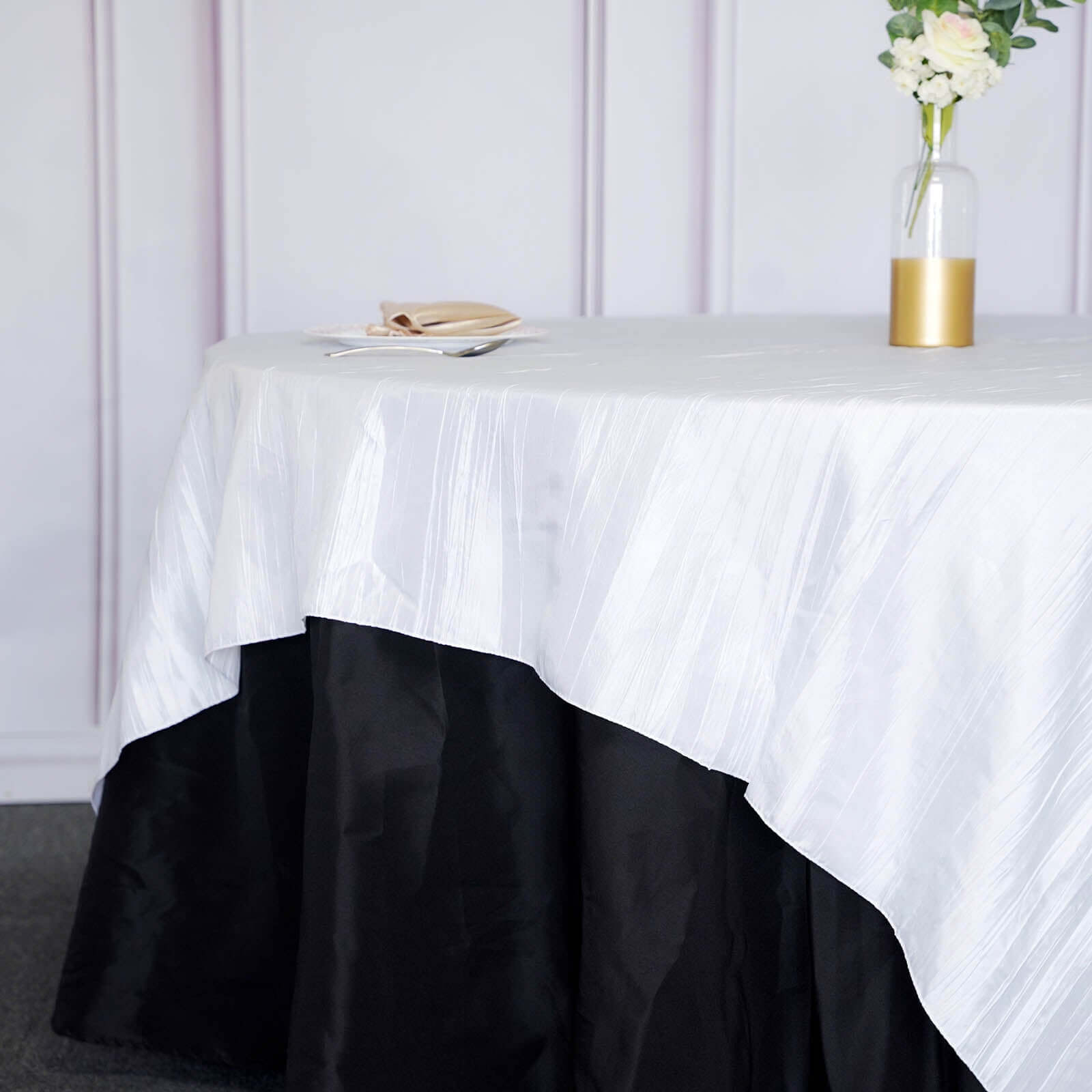 Taffeta 90x90 Table Overlay Square Tablecloth White - Accordion Crinkle Design for Modern Celebrations