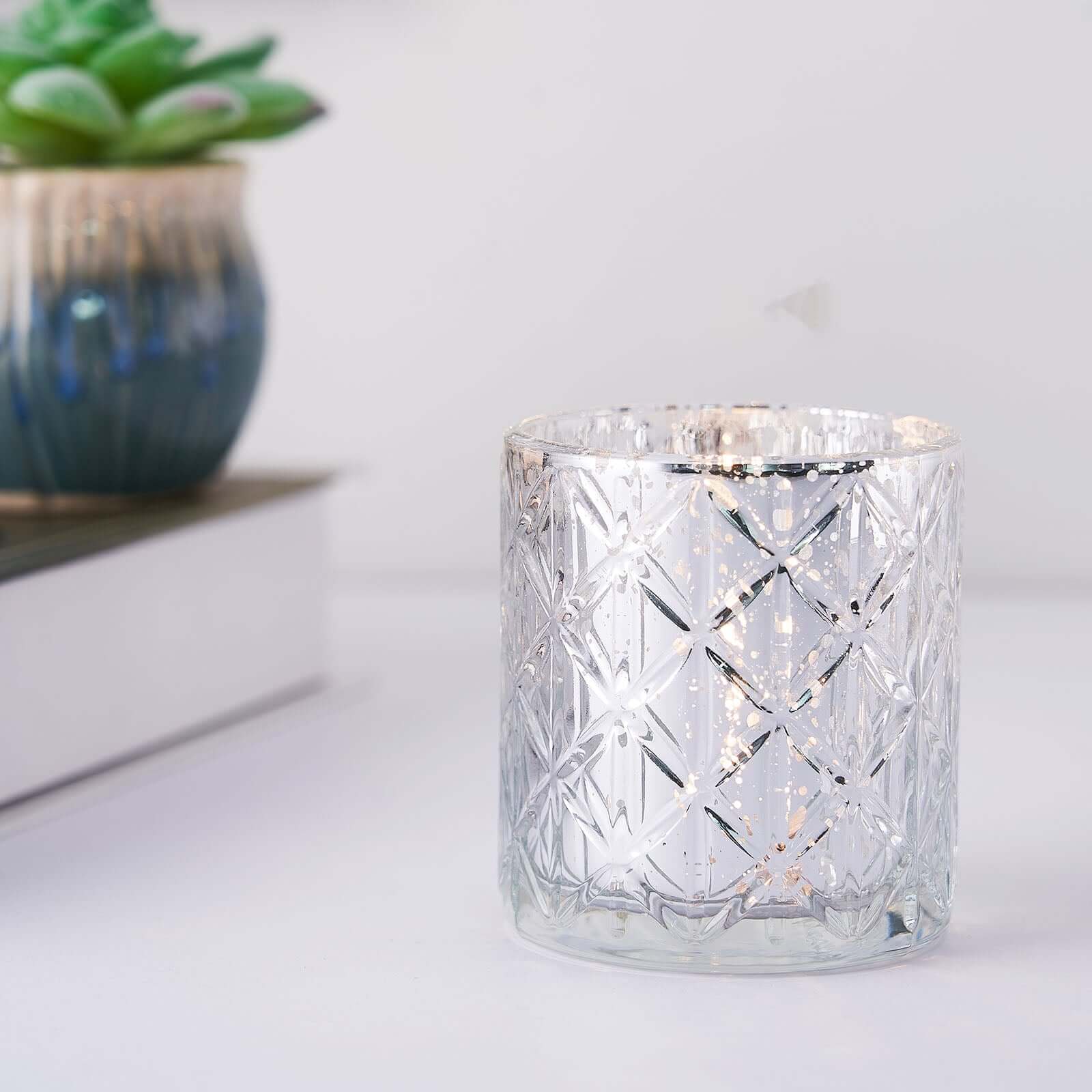 6-Pack Mercury Glass Candle Holders Shiny Silver with Geometric Design - Votive Tealight Holders 3