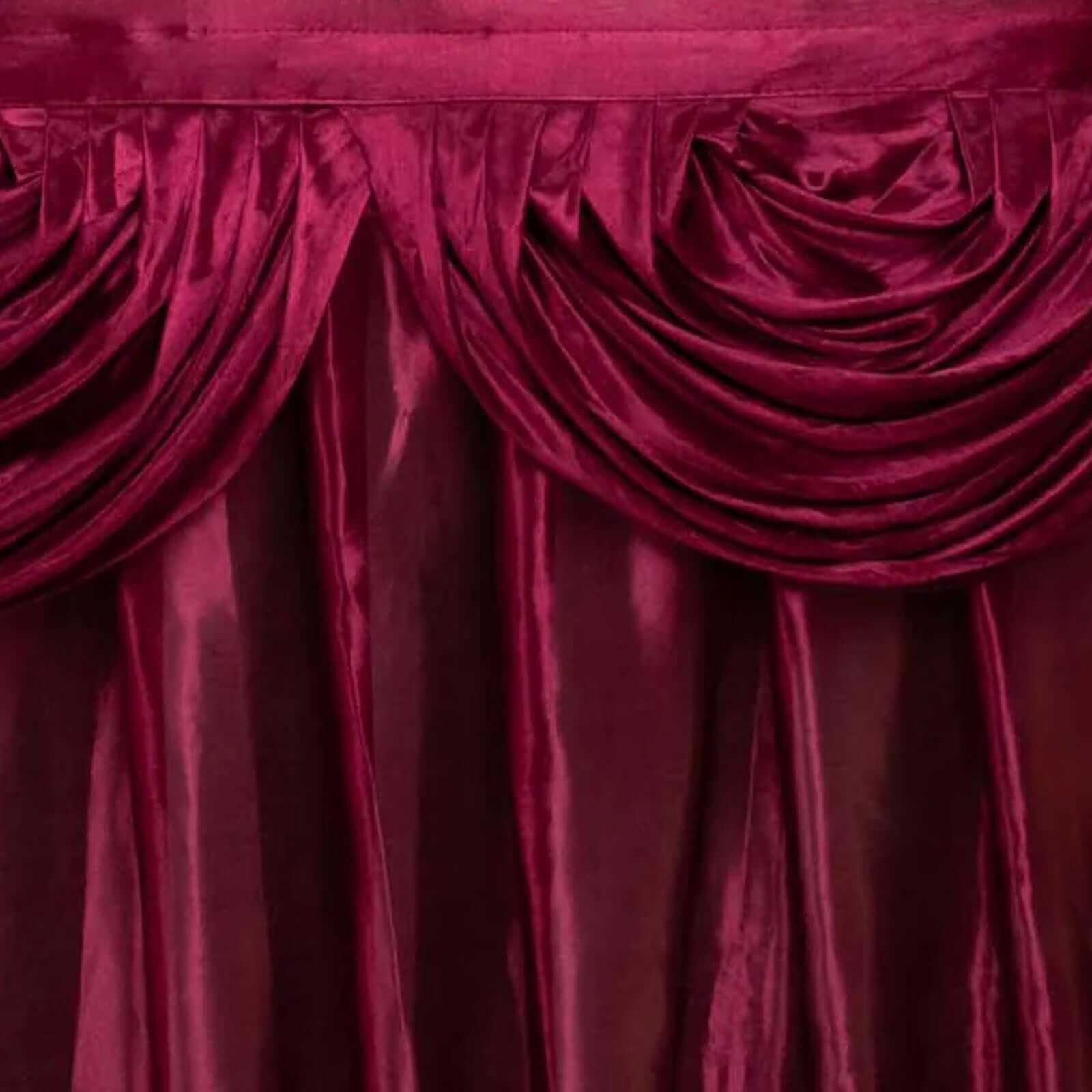 Satin 14ft Table Skirt Burgundy - Pleated Double Drape Table Cover