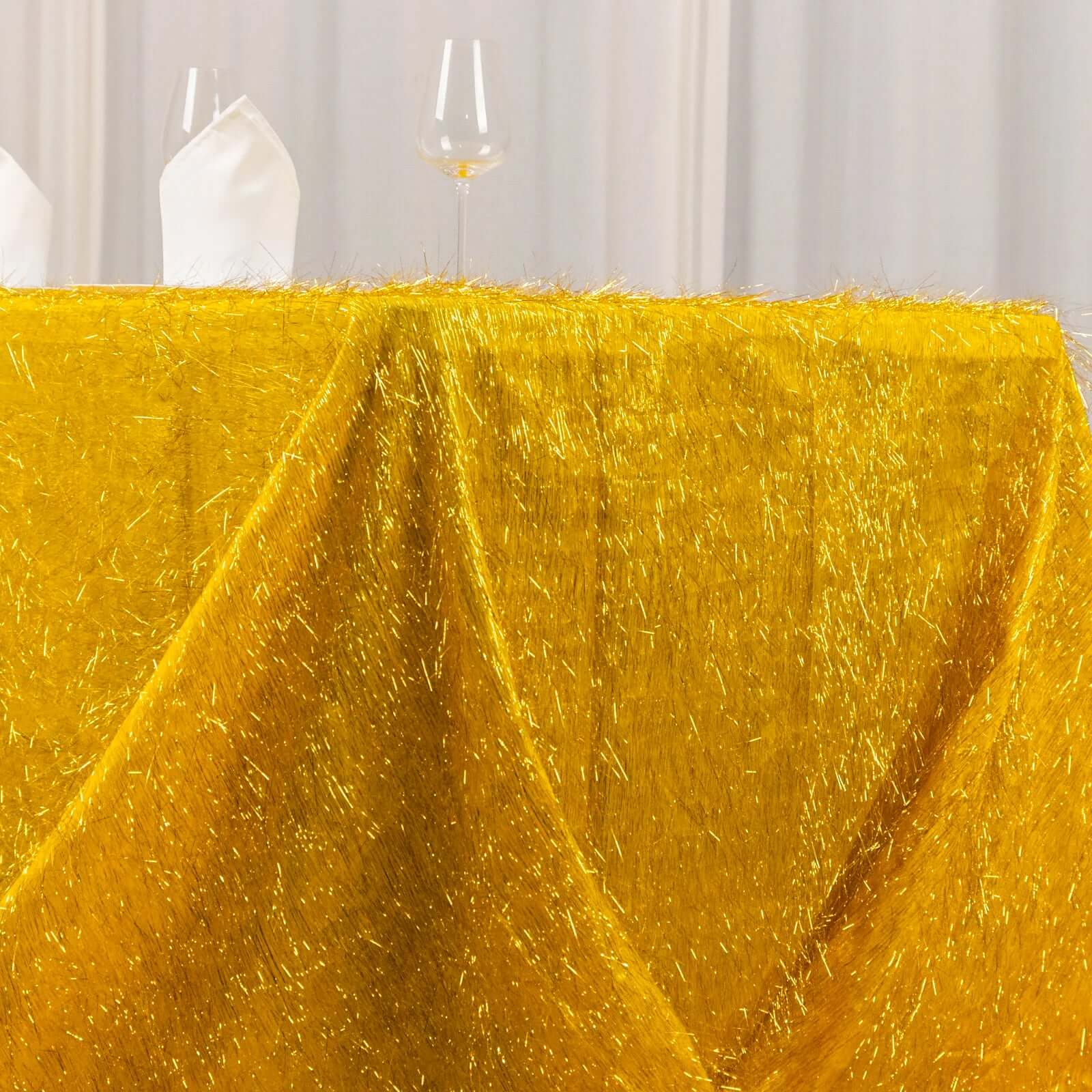 Polyester 90x156 Rectangle Tablecloth Gold Metallic Fringe Shag Tinsel Design Table Cover for Events Decor