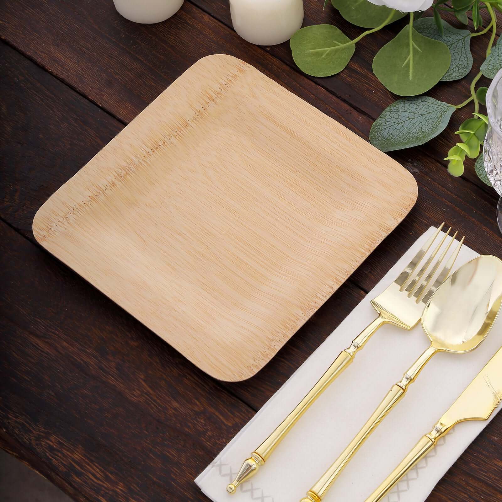 10-Pack Bamboo 9 Square Dinner Plates - Natural Eco Friendly Disposable Dinnerware for Farmhouse-Style Events, Parties & Gatherings