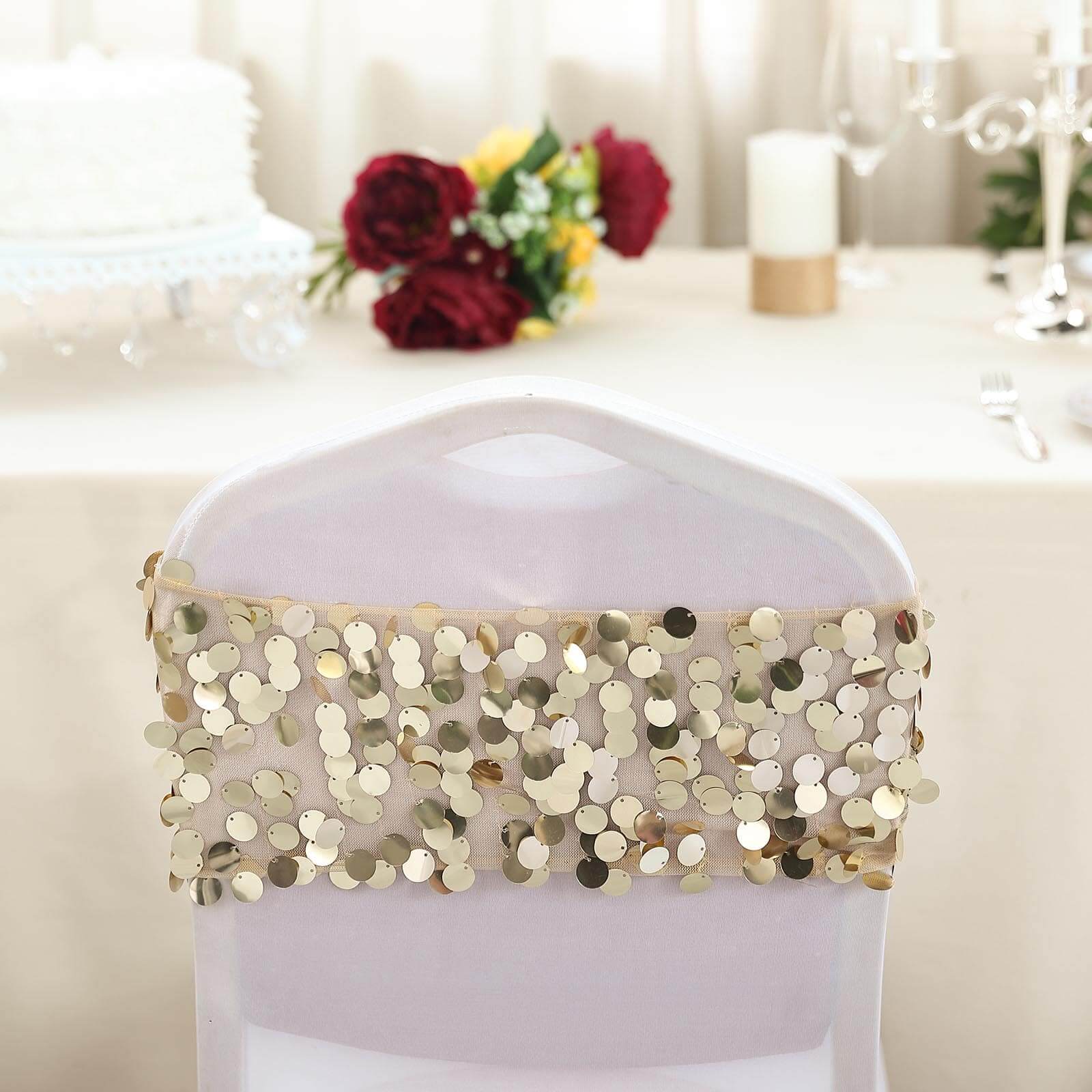 5 Pack Big Payette Sequin 13x10 Chair Sash Bands Champagne - Stylish Glittering Decor for Weddings & Gatherings