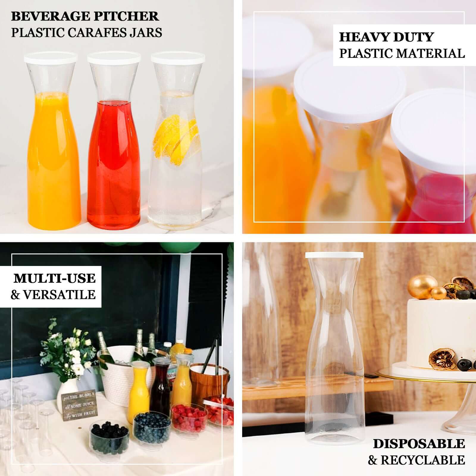 3-Pack Plastic Water Carafes Clear with White Lids - Durable Disposable Beverage Containers for Picnic & Outdoor Events 34oz