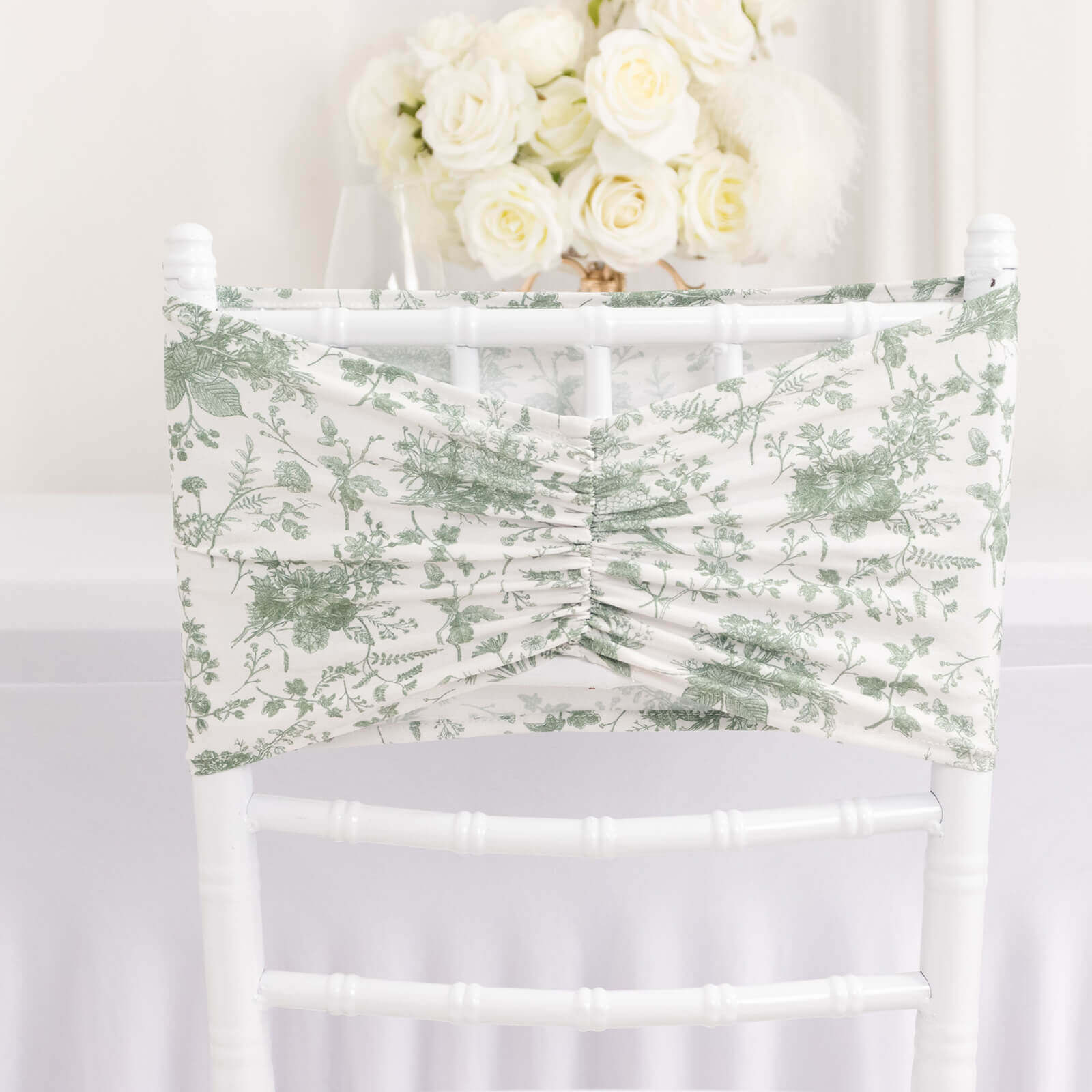 5 Pack Spandex Chair Sashes White/Dusty Sage Green French Toile Floral Pattern - Wide Wrinkle-Free Stretchable Chair Bands 8x13