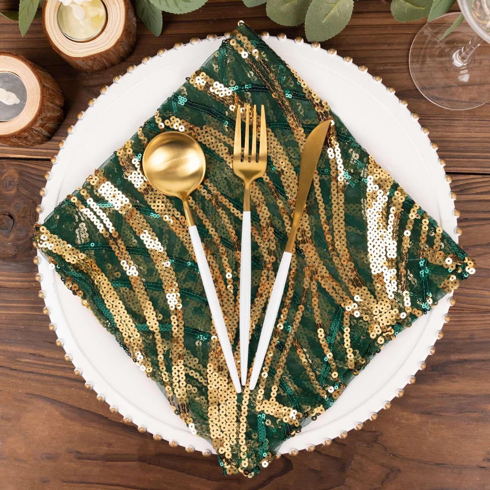 Sequin Mesh 20x20 Napkin Hunter Emerald Green Gold - Wave Embroidered Reusable Napkin