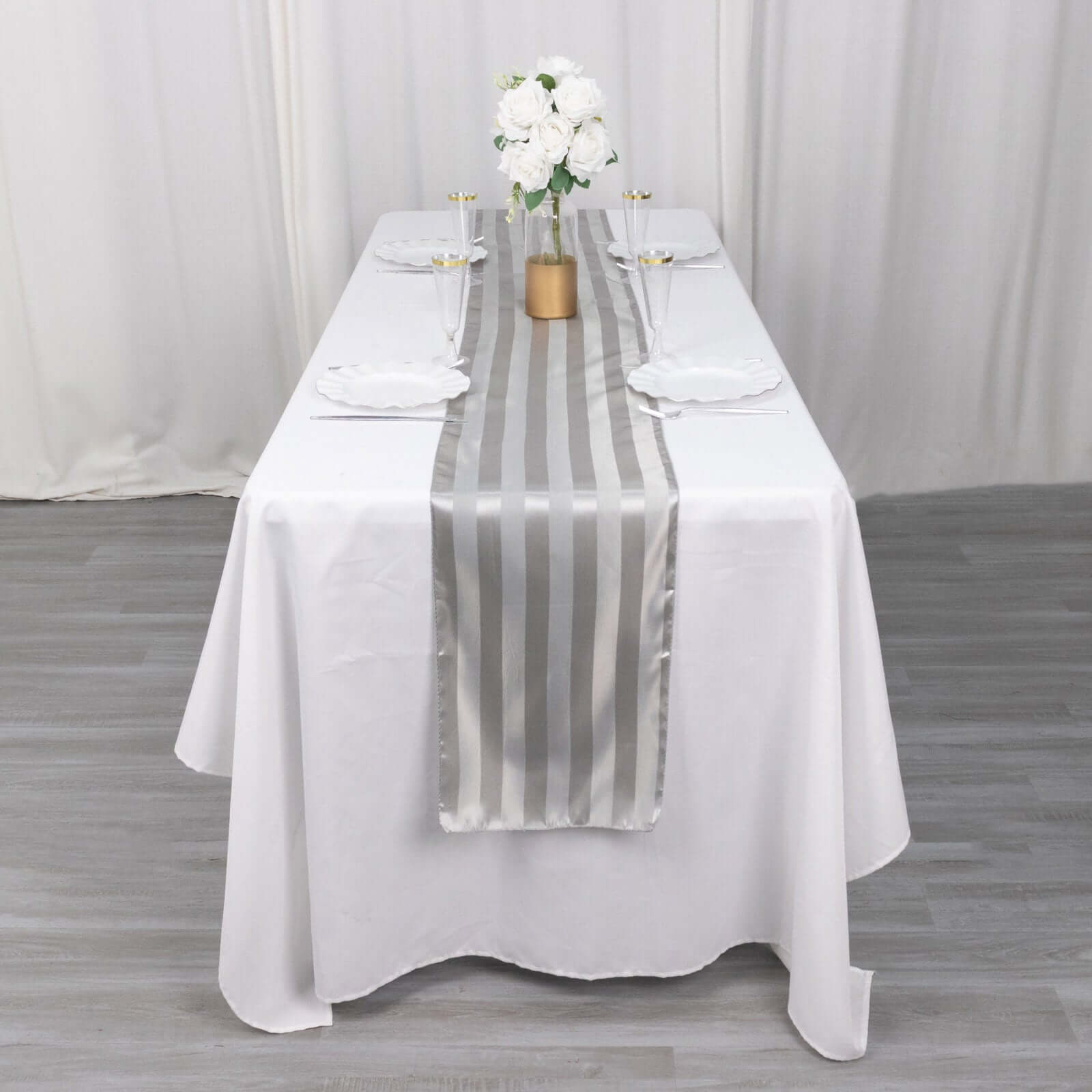 Satin 12x108 Table Runner Silver Stripe - Stripe Table Decor