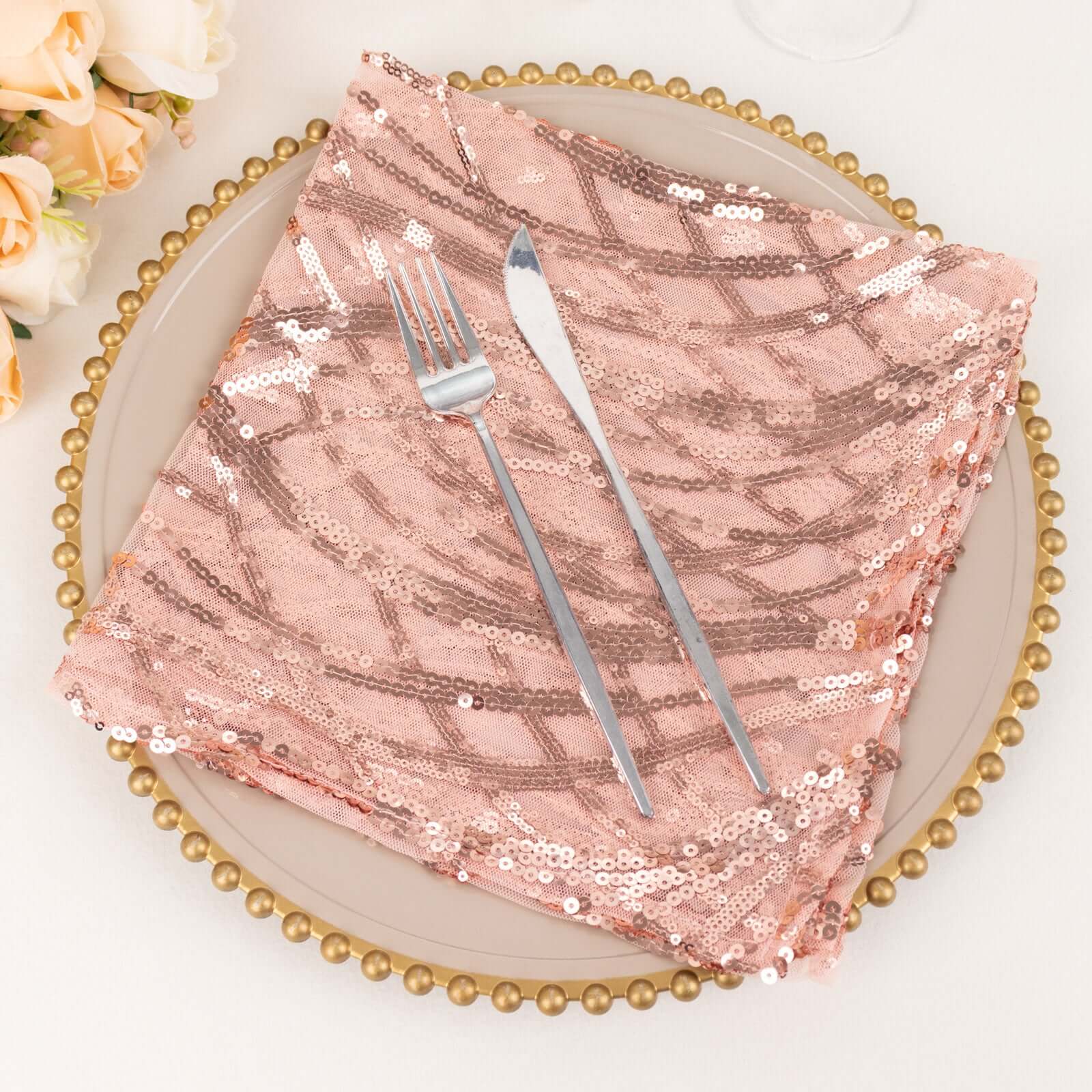 Sequin Mesh 20x20 Napkin Blush - Wave Embroidered Reusable Napkin