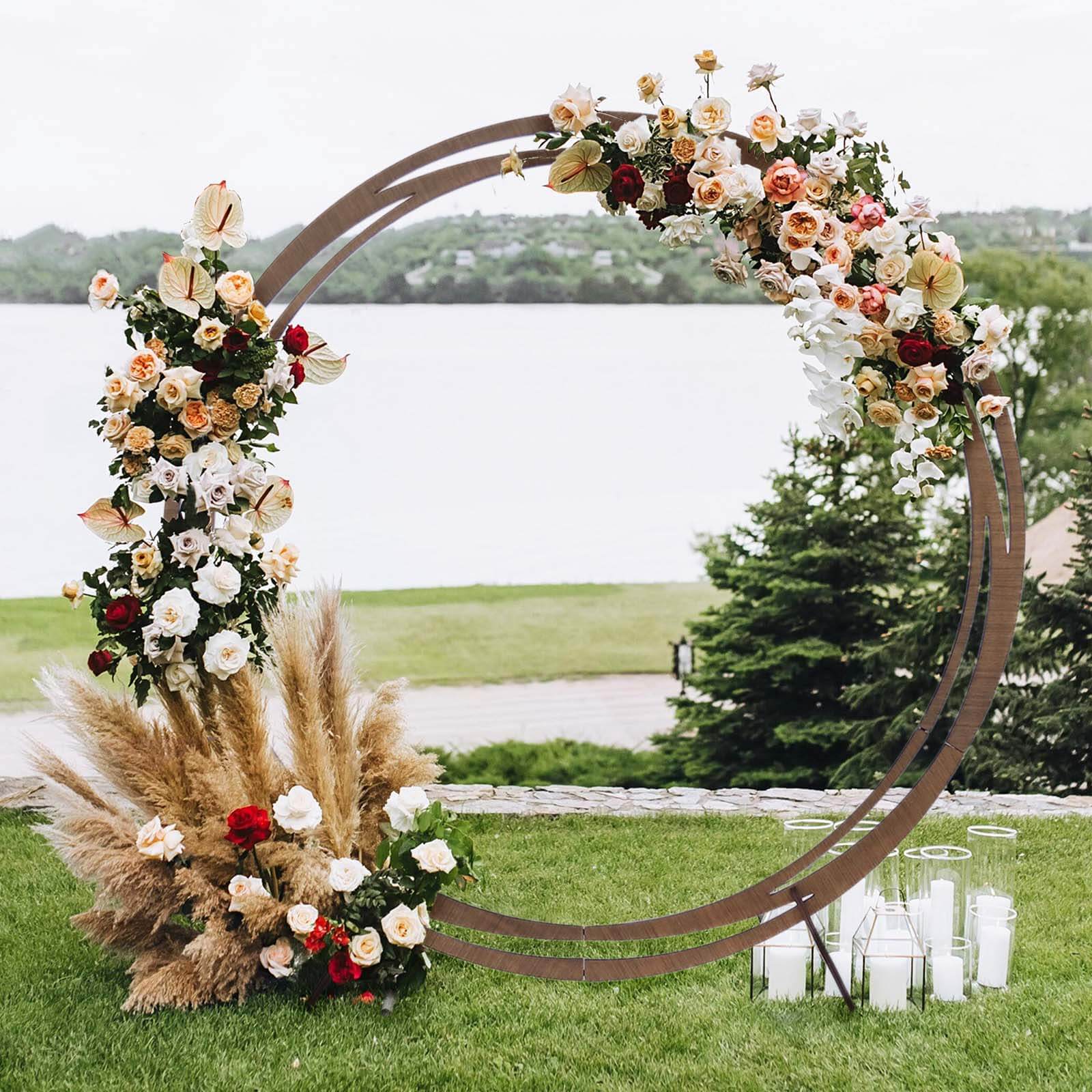 8ft Natural Brown Wood Round Event Party Arbor Backdrop Stand, Rustic DIY Wedding Arch