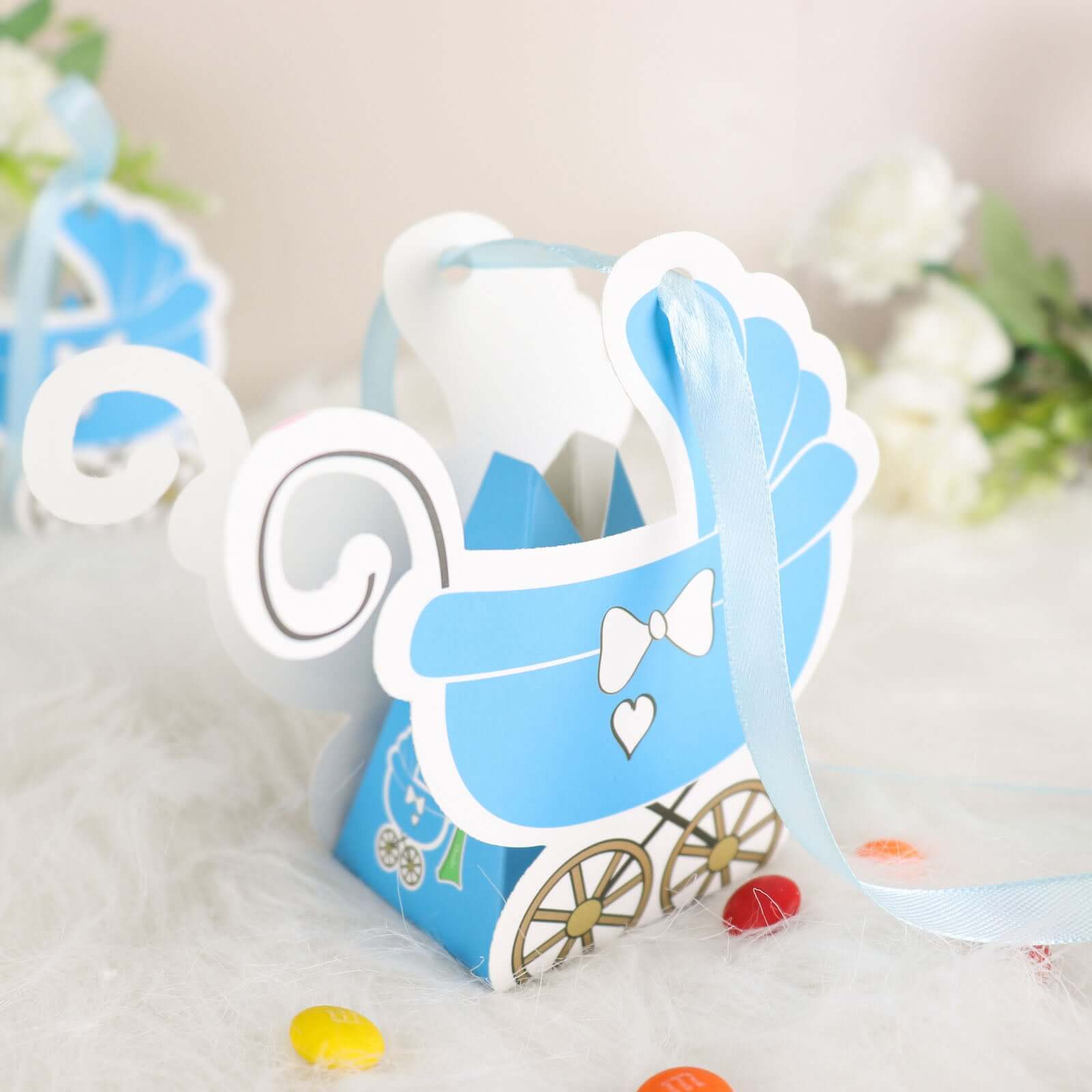 25 Pack Light Blue Baby Paper Stroller Party Favor Gift Boxes, Cardstock Carriage Candy Boxes with Ribbon Ties - 4.5x2x4