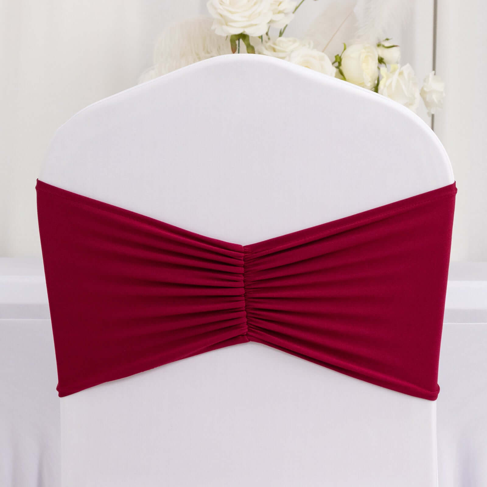 5 Pack Spandex Chair Sashes Burgundy Ruffled Style - Wide Easy to Use Stretch Chair Bands 8x13