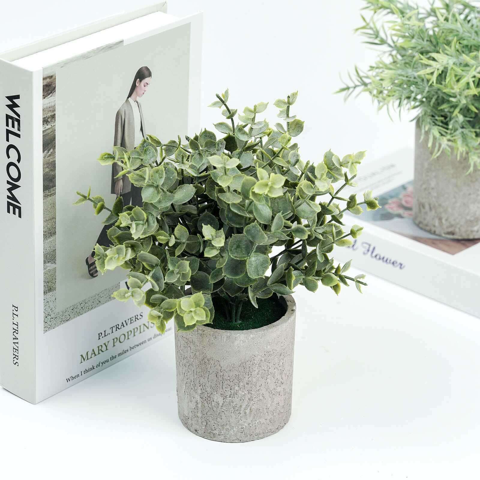 3 Plant Set Mini Potted Artificial Eucalyptus, Rosemary and Boxwood Faux Planter Collection - Small Decorative Faux Herb Garden for Desk Countertops Table Shelf Display 9