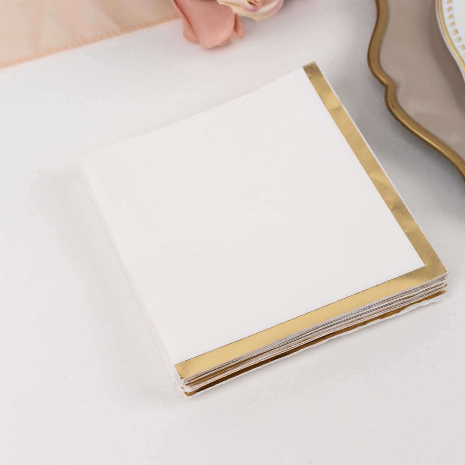 50-Pack Paper Beverage Napkins White with Gold Foil Edge - 2 Ply Disposable Soft 18GSM Cocktail Napkins for Events 5x5