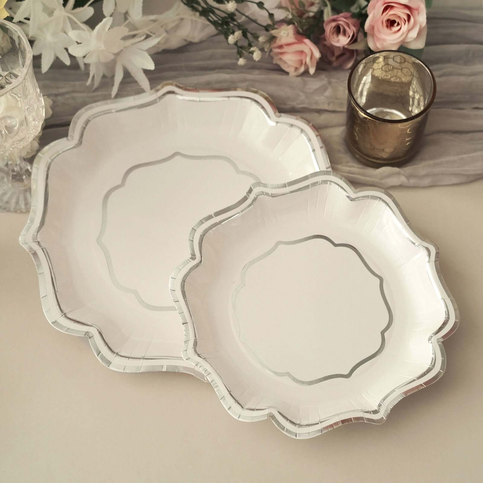 25-Pack Paper Dessert Plates in White with Silver Scallop Rim - Disposable 300GSM Appetizer Salad Plates 8