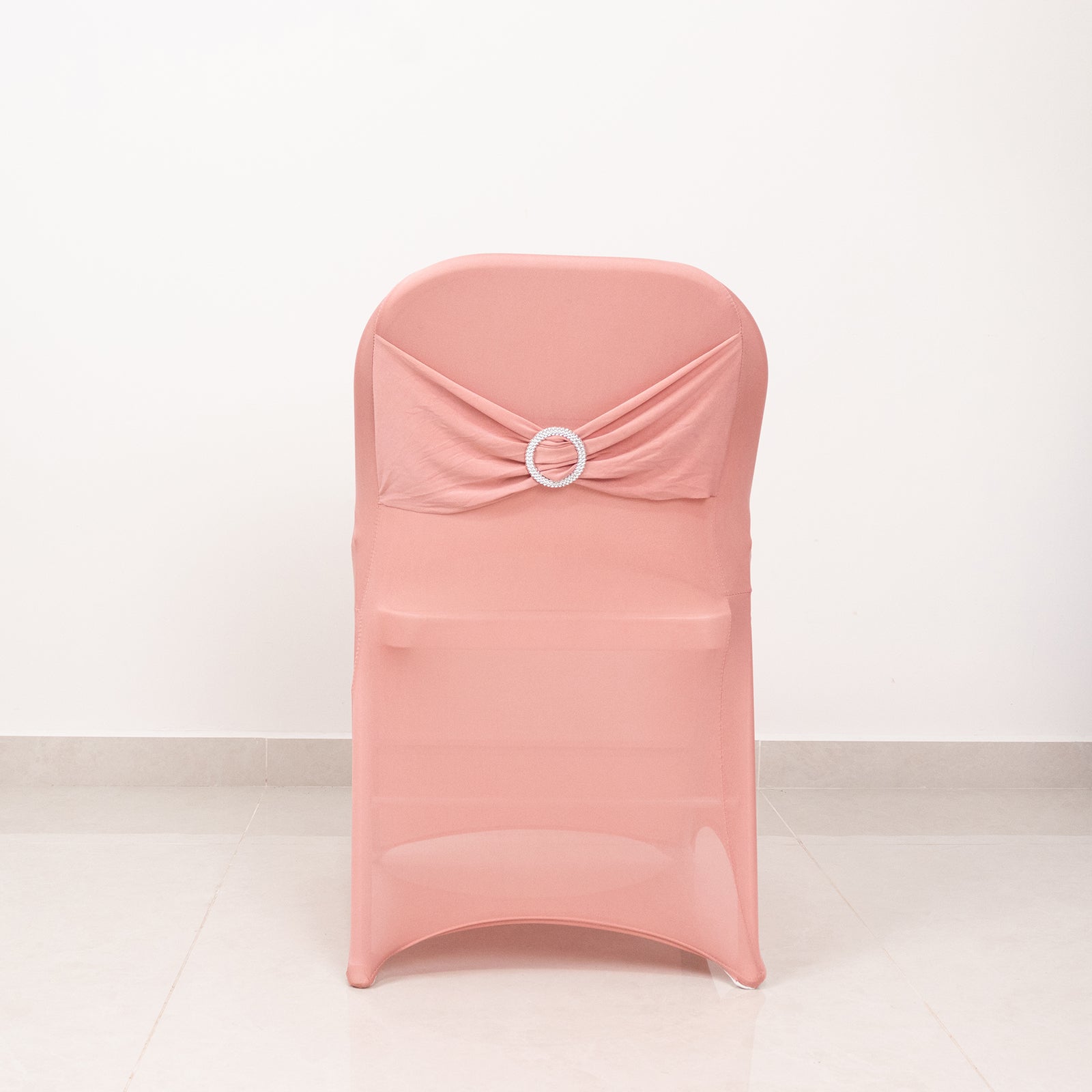 Stretch Spandex Chair Cover Dusty Rose for Folding Chairs - Secure Fit Slipcover with Silver Rhinestone Buckled Sash Band