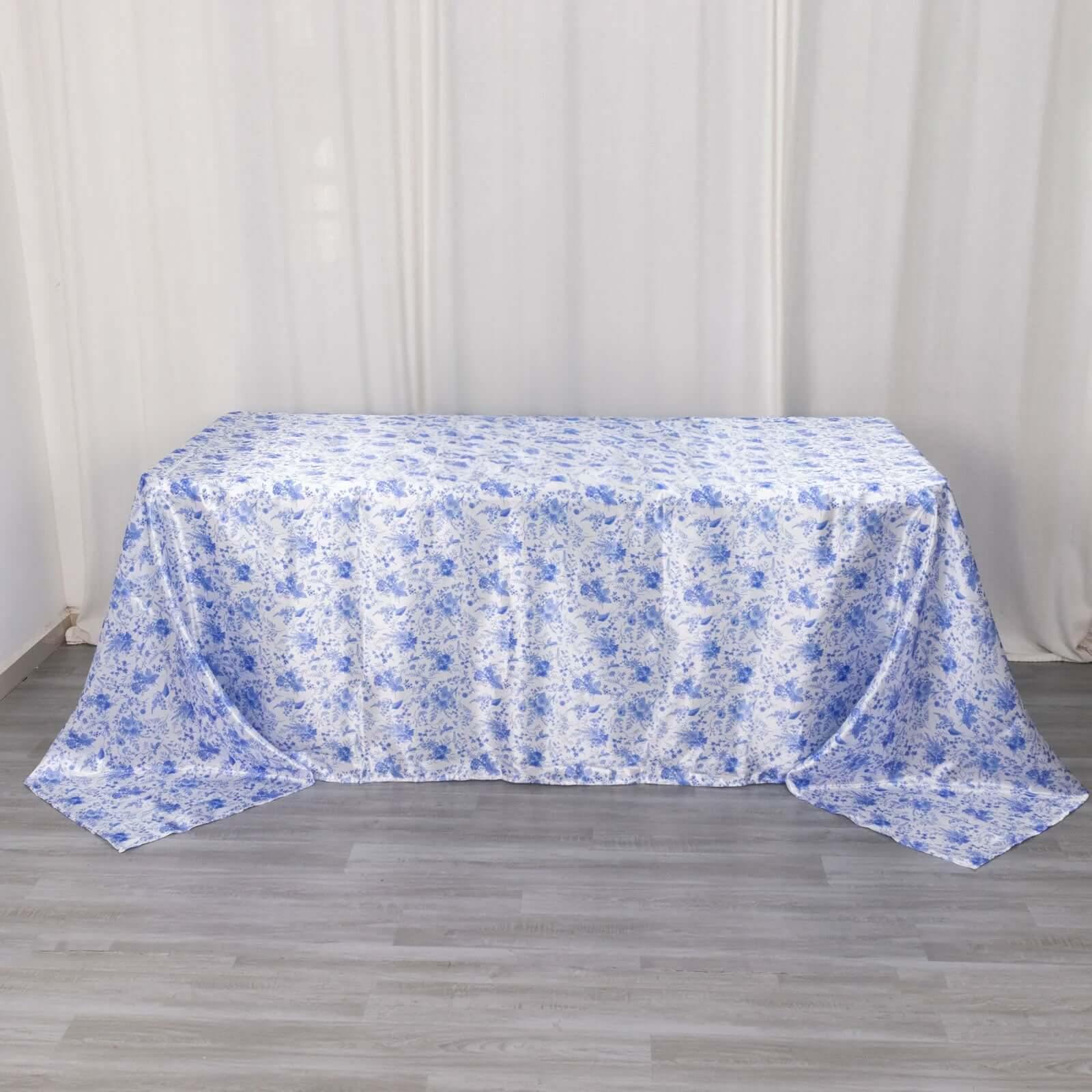 Satin Round 90x132 Tablecloth White/Blue French Toile Design - Seamless Stylish & Wrinkle-Resistant Table Cover