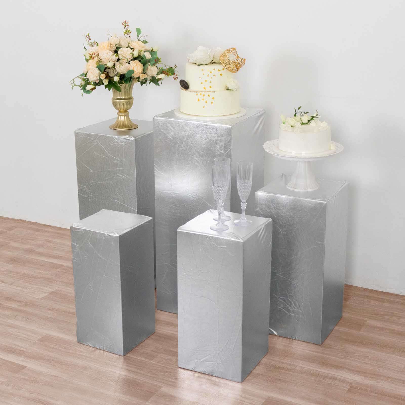 Set of 5 Metallic Silver Spandex Rectangle Pedestal Stand Covers, Stretchable Pillar Prop Covers - 160 GSM