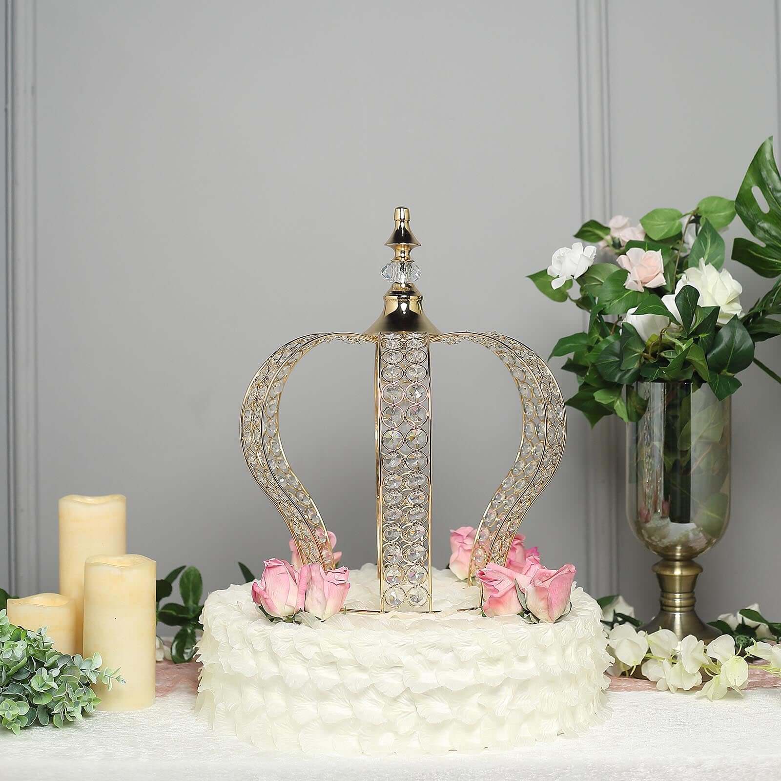 Crystal-Bead Royal Crown Cake Topper Metallic Gold - Graceful Cake Centerpiece Decor for Royal-Themed Baby Showers Sweet 16 Cakes & Event Centerpieces 16