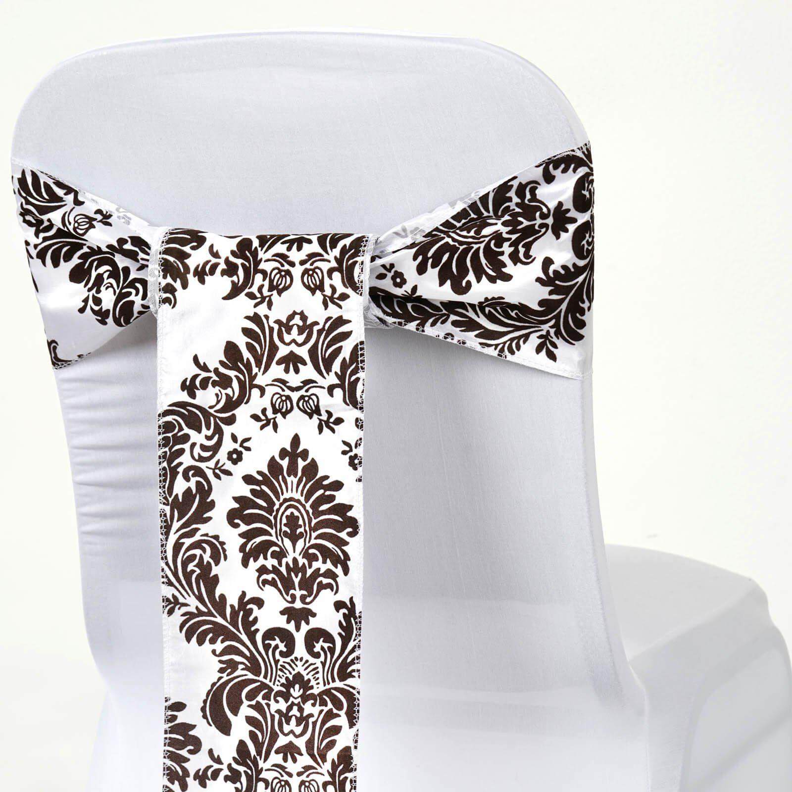 5 Pack Taffeta Damask Chair Sashes White with Chocolate Flocking Design 6x108