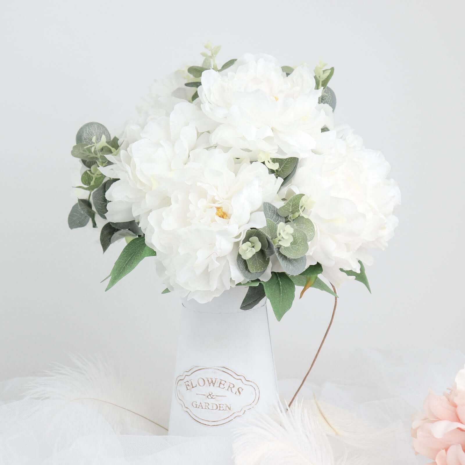 2 Bushes 17 White Artificial Silk Peony Flower Bouquets, Real Touch Peonies Spray