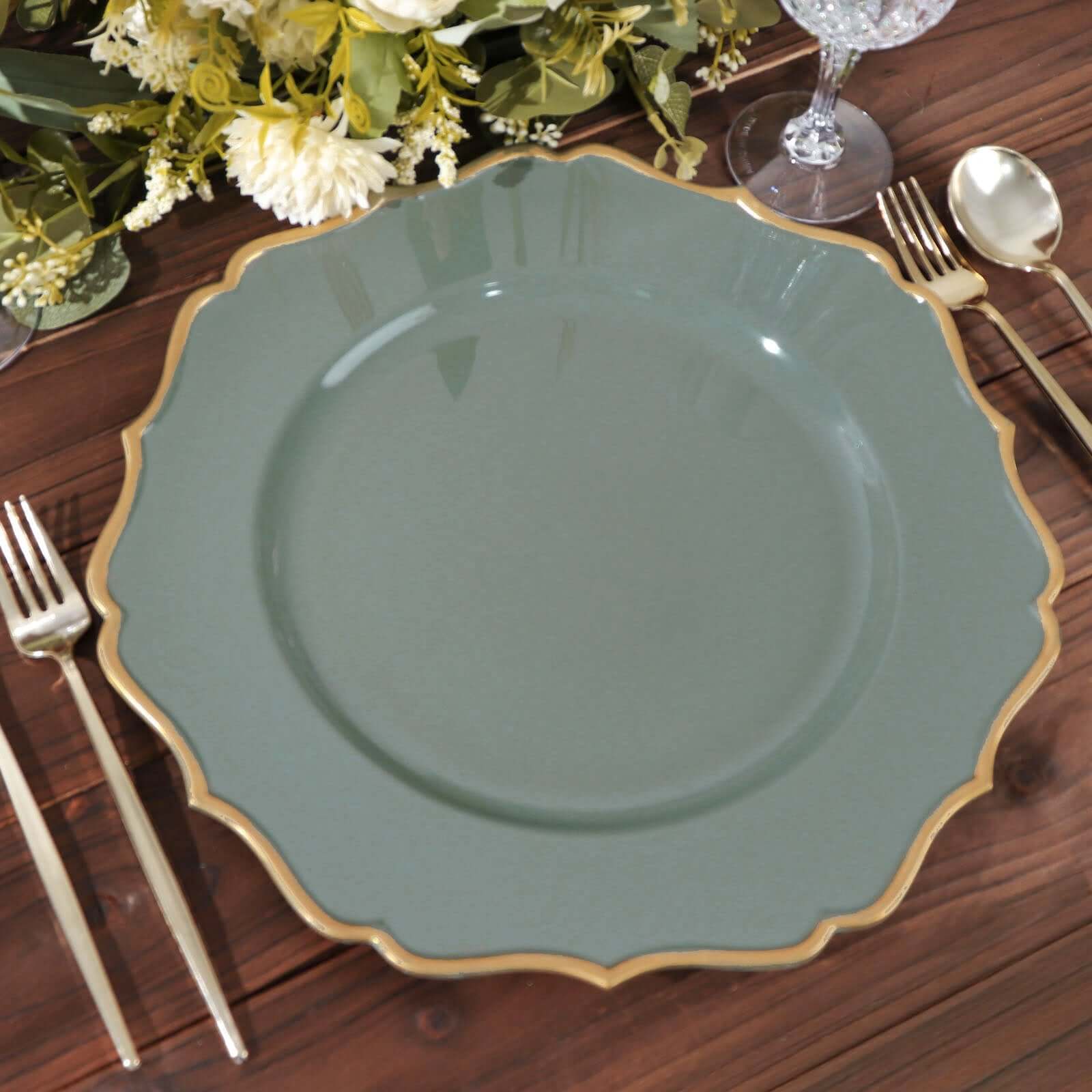 6-Pack Acrylic Round Charger Plates 13 in Olive Green with Gold Scalloped Rim, Decorative Dinner Party Plastic Charger Tableware