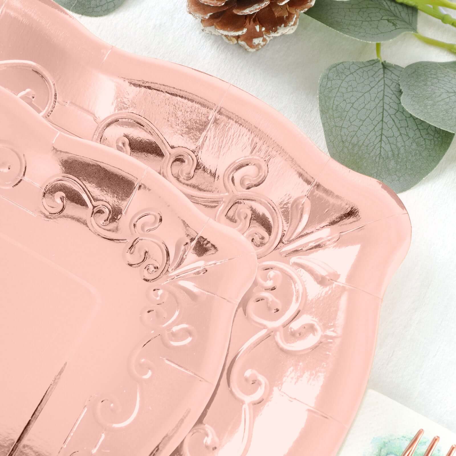 25-Pack Paper 11 Square Dinner Plates in Blush Rose Gold with Vintage Pottery Embossed Design - Shiny Metallic Disposable Serving Plates