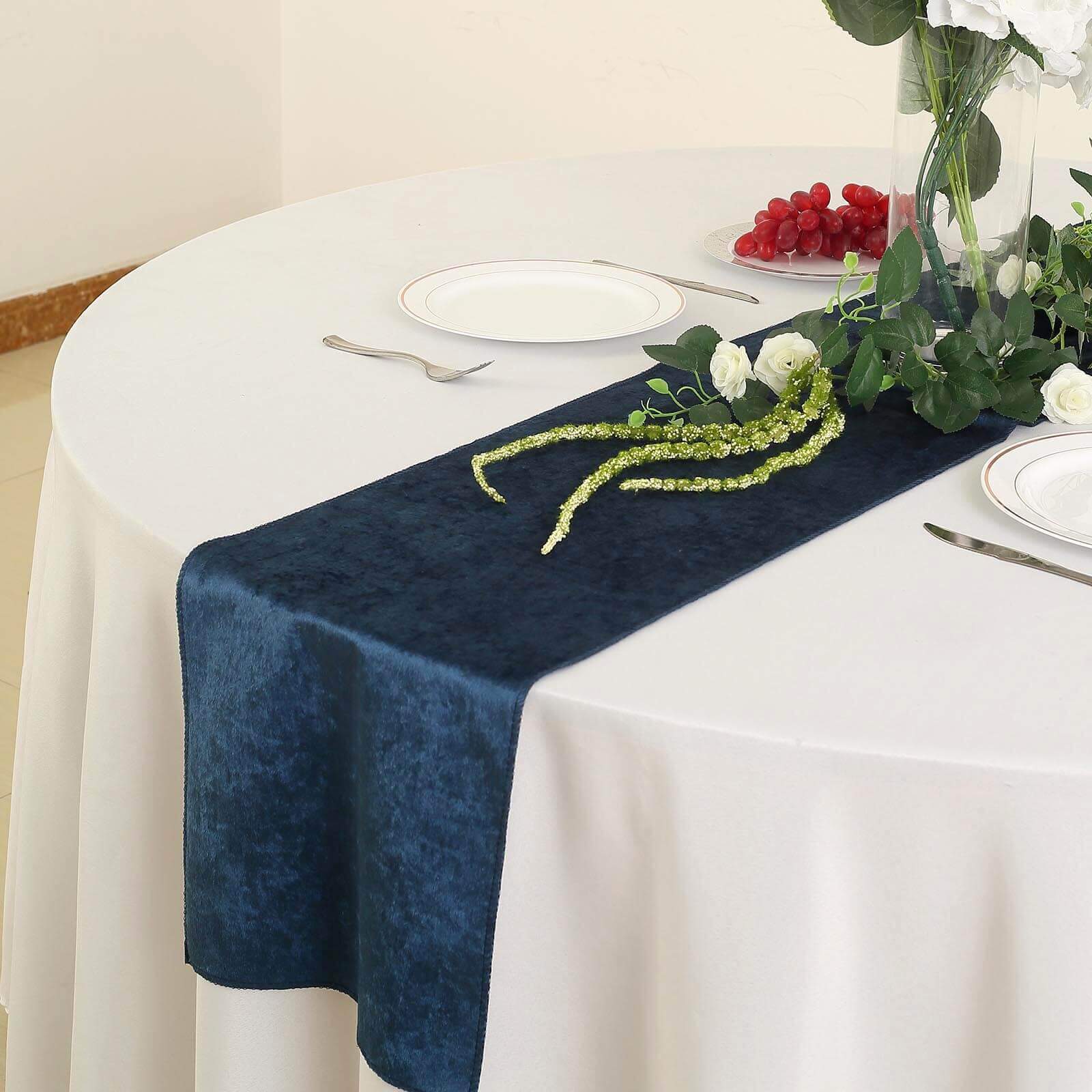 Premium Velvet 12x108 Table Runner Navy Blue - Sheen Finish Reusable Table Decor