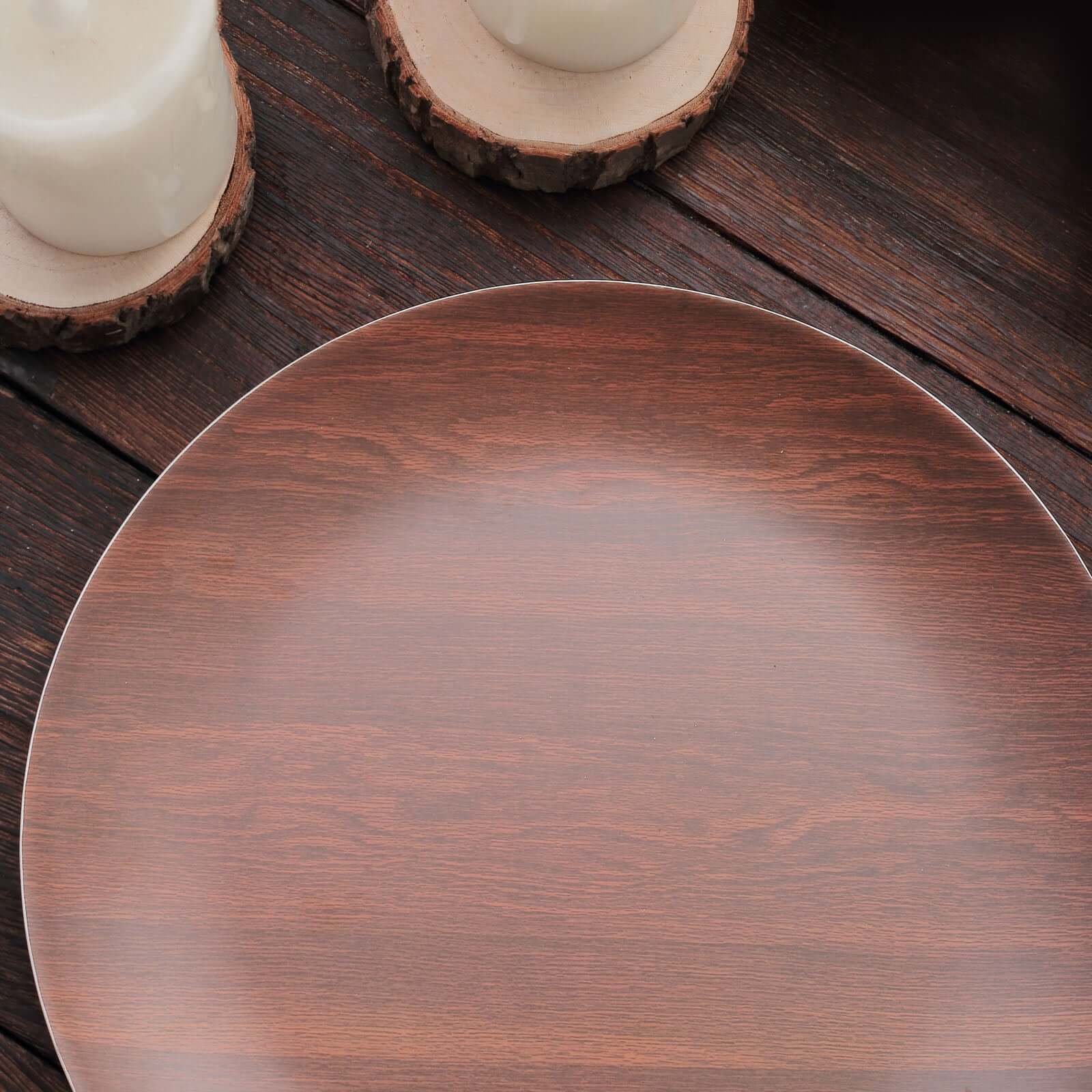 Pack of 6 Melamine 8 Round Dessert Plates in Brown Wood Grain Print - Disposable Shatterproof Appetizer Salad Plates for Rustic Farmhouse-Inspired Table Decor