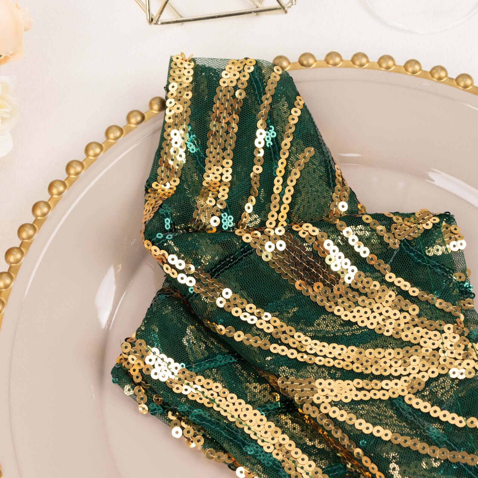 Sequin Mesh 20x20 Napkin Hunter Emerald Green Gold - Wave Embroidered Reusable Napkin