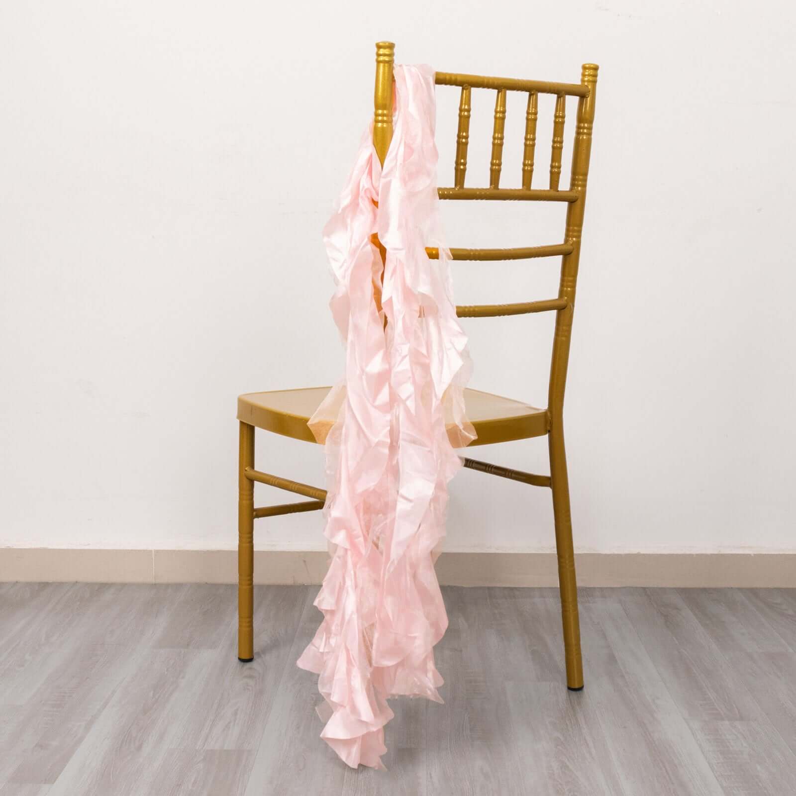 5 Pack Chiffon Satin Chair Sashes Blush - Easy to Install Ruffled Curly Willow