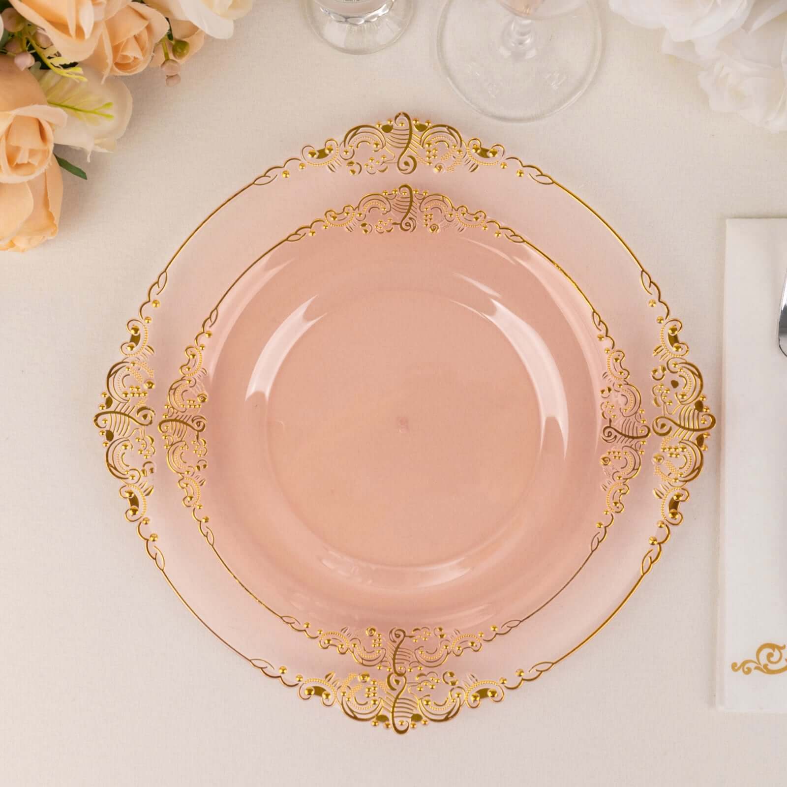 10-Pack Plastic 8 Round Dessert Plates in Transparent Blush with Gold Leaf Embossed Rim - Disposable Vintage Baroque Style Salad Plates