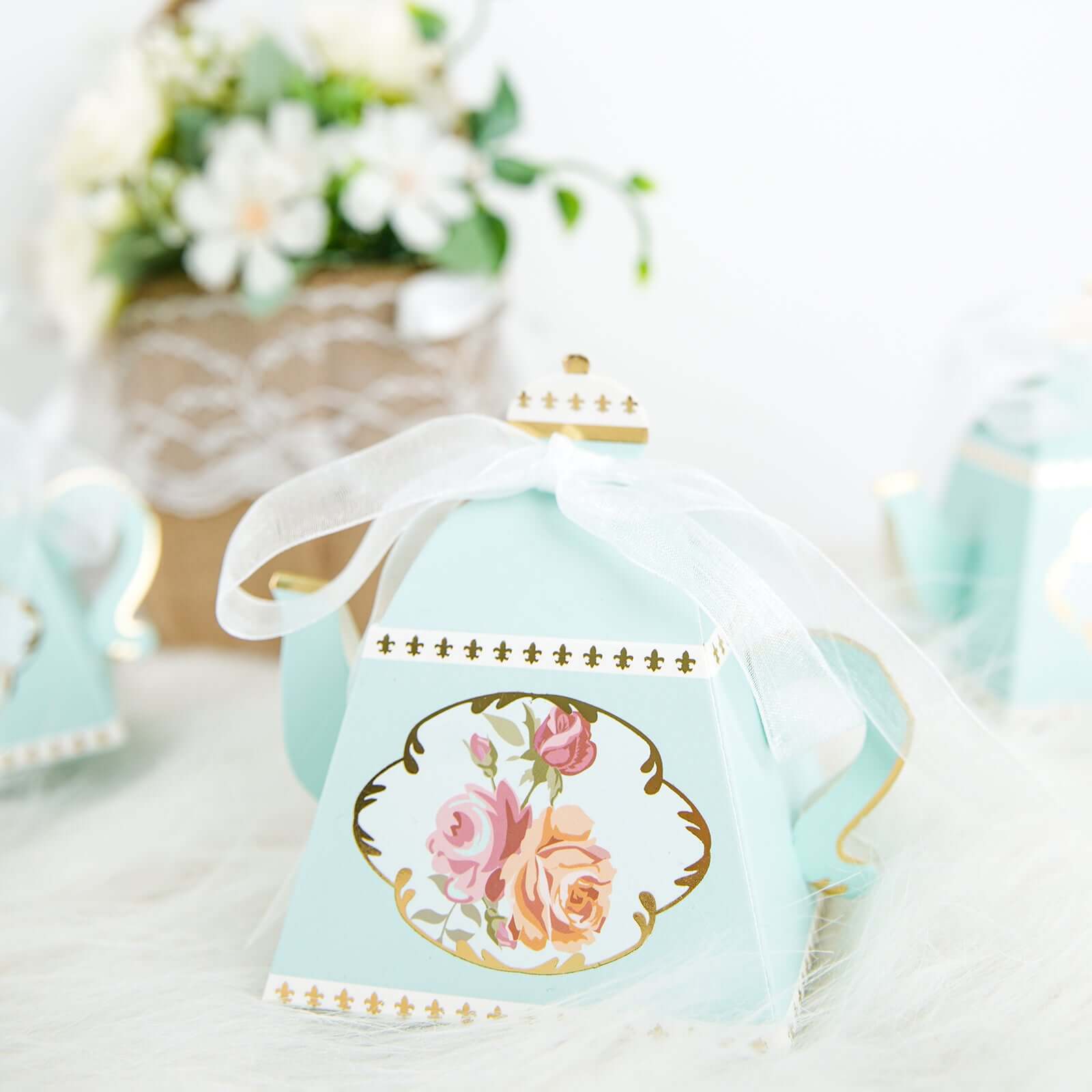 25 Pack 4 Light Turquoise Mini Teapot Favor Boxes, Vintage Rose Gift Boxes with Ribbons