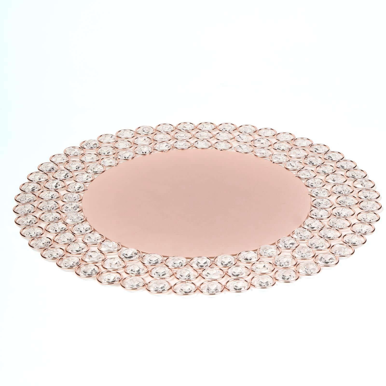 Wired Metal Round Charger Plate 14 in Rose Gold with Acrylic Crystal Beads, Glamorous Decorative Dinner Charger Tableware