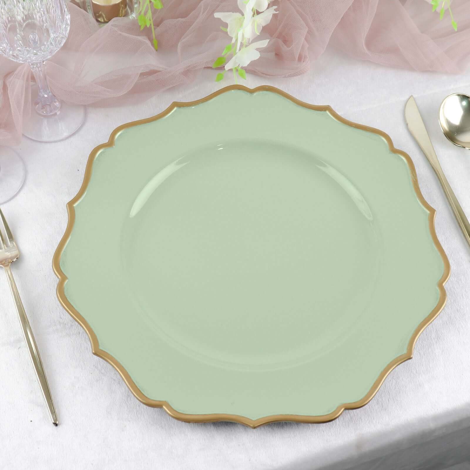 6-Pack Acrylic Round Charger Plates 13 in Sage Sage Green with Gold Scalloped Rim, Decorative Dinner Party Plastic Charger Tableware