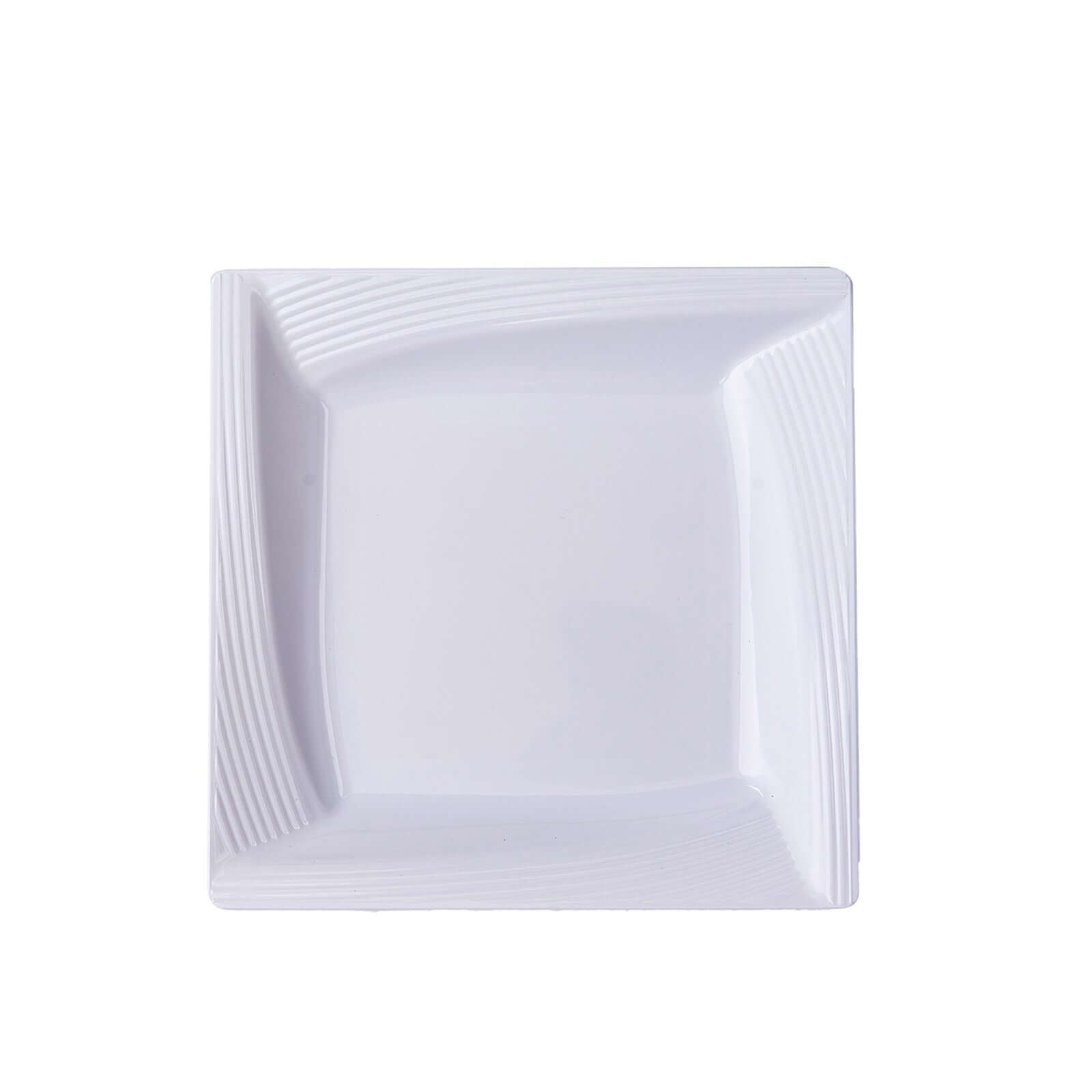 10-Pack Plastic 6 Square Dessert Plates in White with Geometric Ridge Trim - Disposable Appetizer Salad Plates for Stylish Gatherings & Celebrations